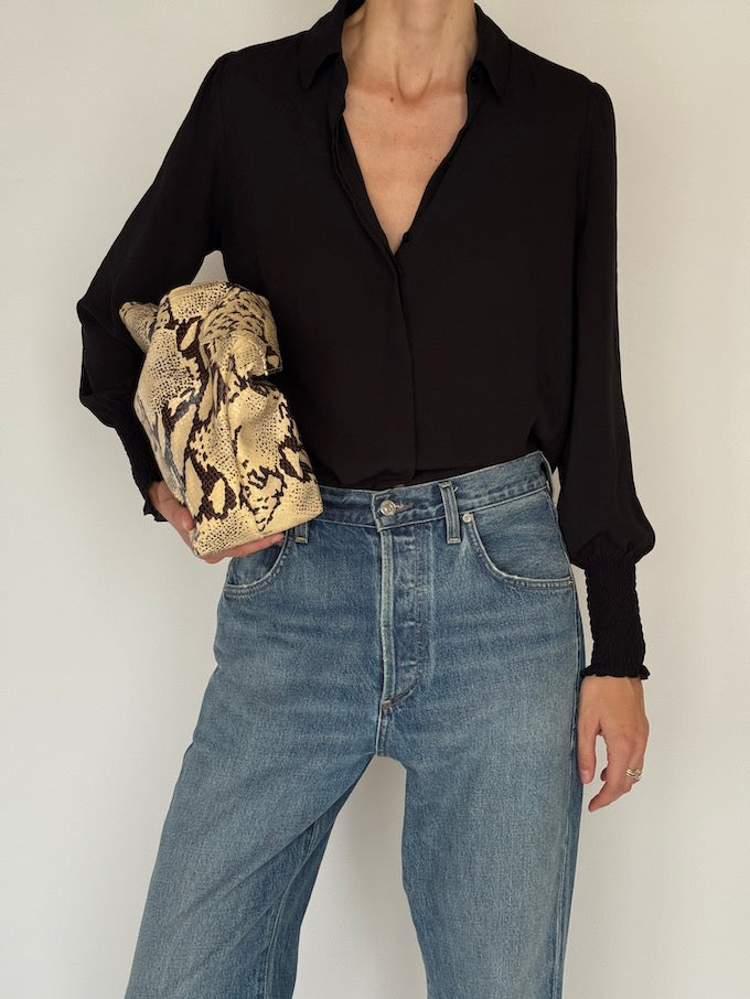 Vintage Black Button-Up Blouse with Smocked Cuffs