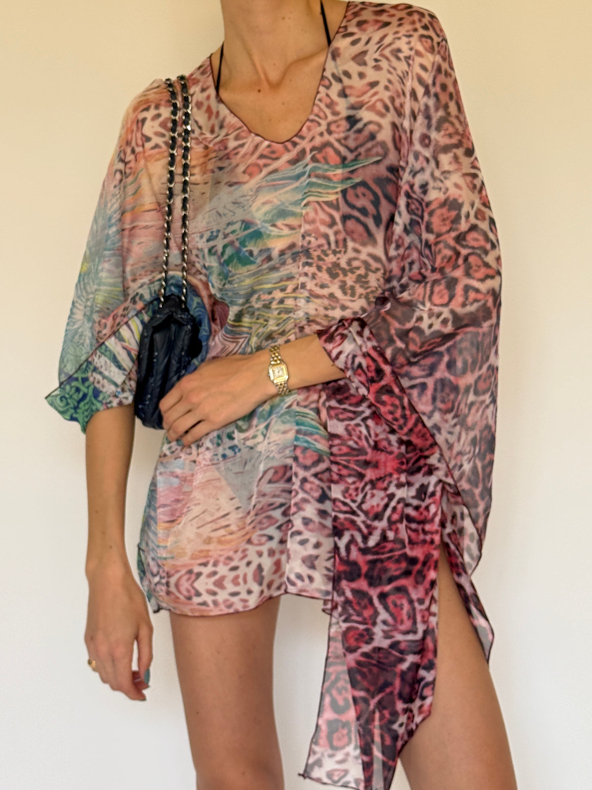 Vintage printed asymmetric swim cover-up front view