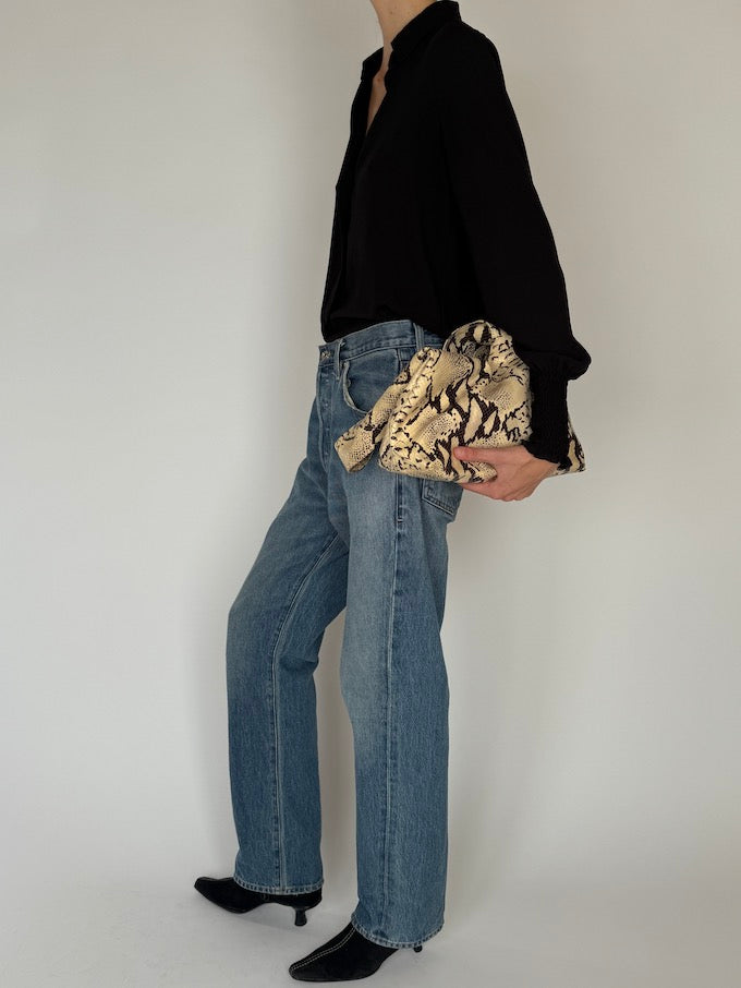 Vintage Black Button-Up Blouse with Smocked Cuffs