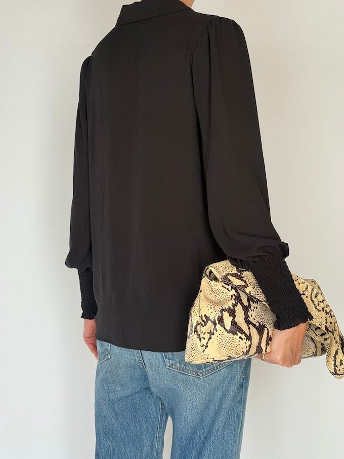 Vintage Black Button-Up Blouse with Smocked Cuffs