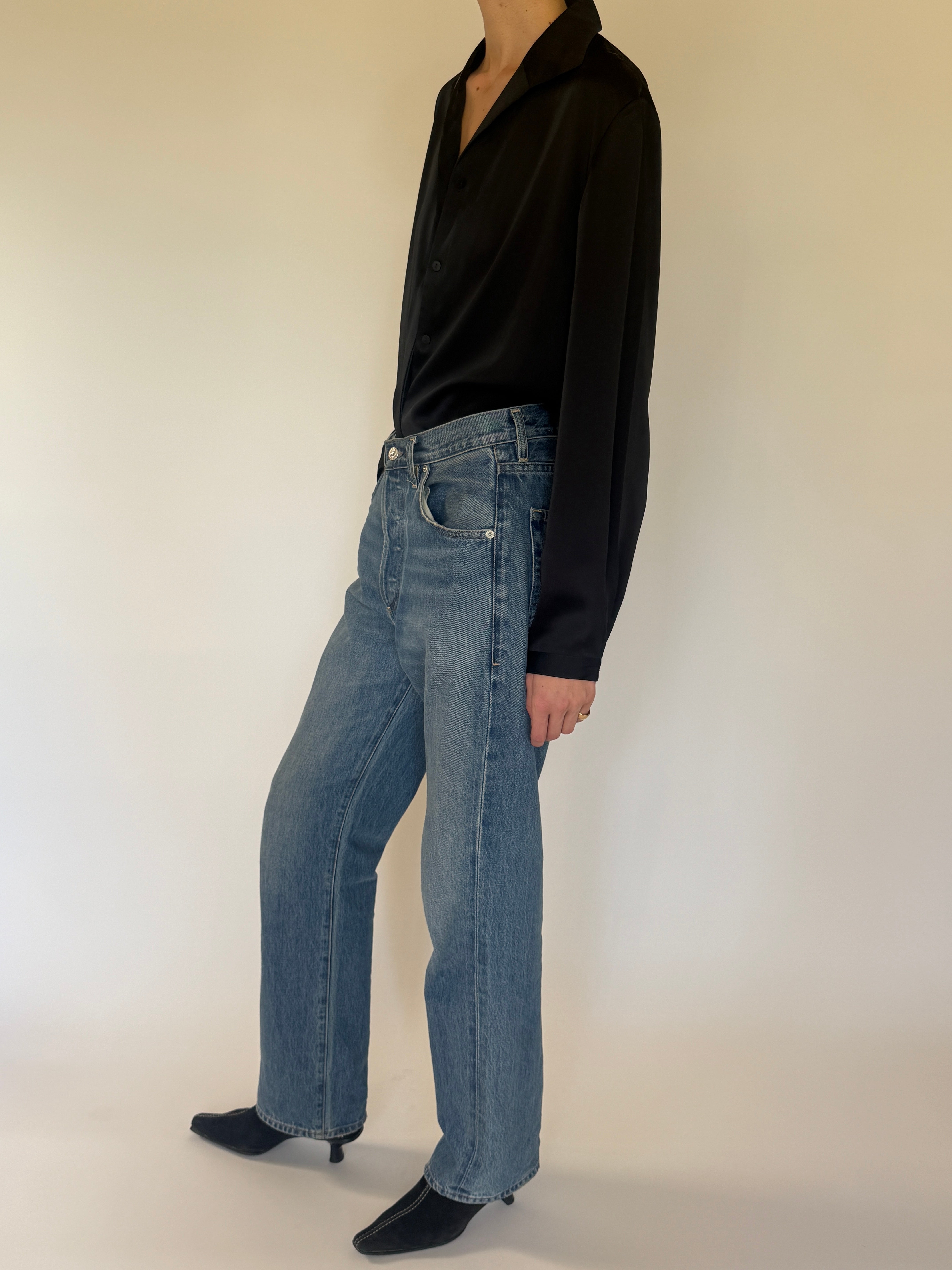 Vintage black fluid blouse angled front view