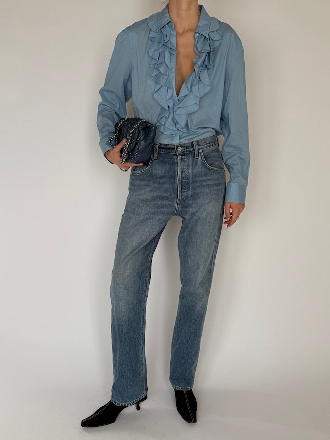 Vintage Ralph Lauren Ruffled Blue Cotton Blouse 6573