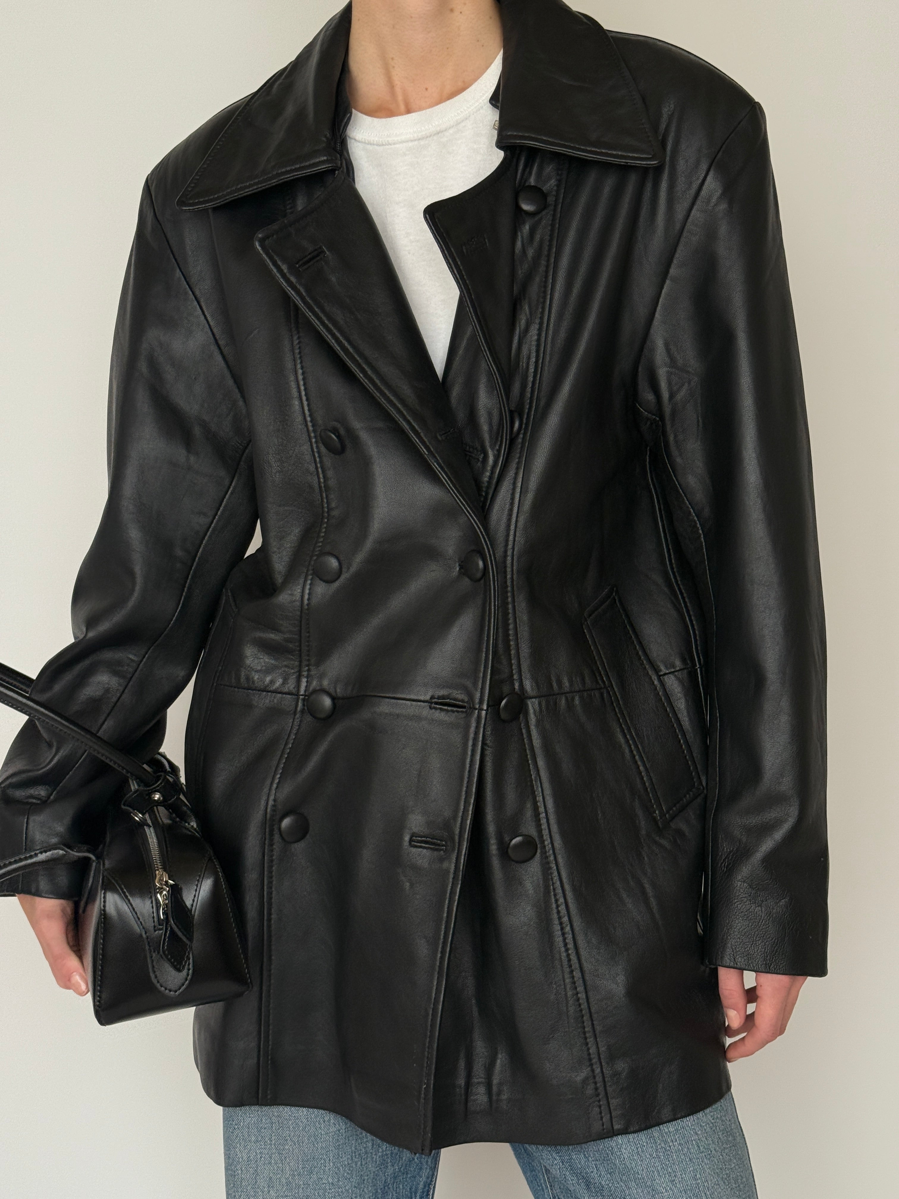 Vintage Double-Breasted Leather Jacket Black 5725