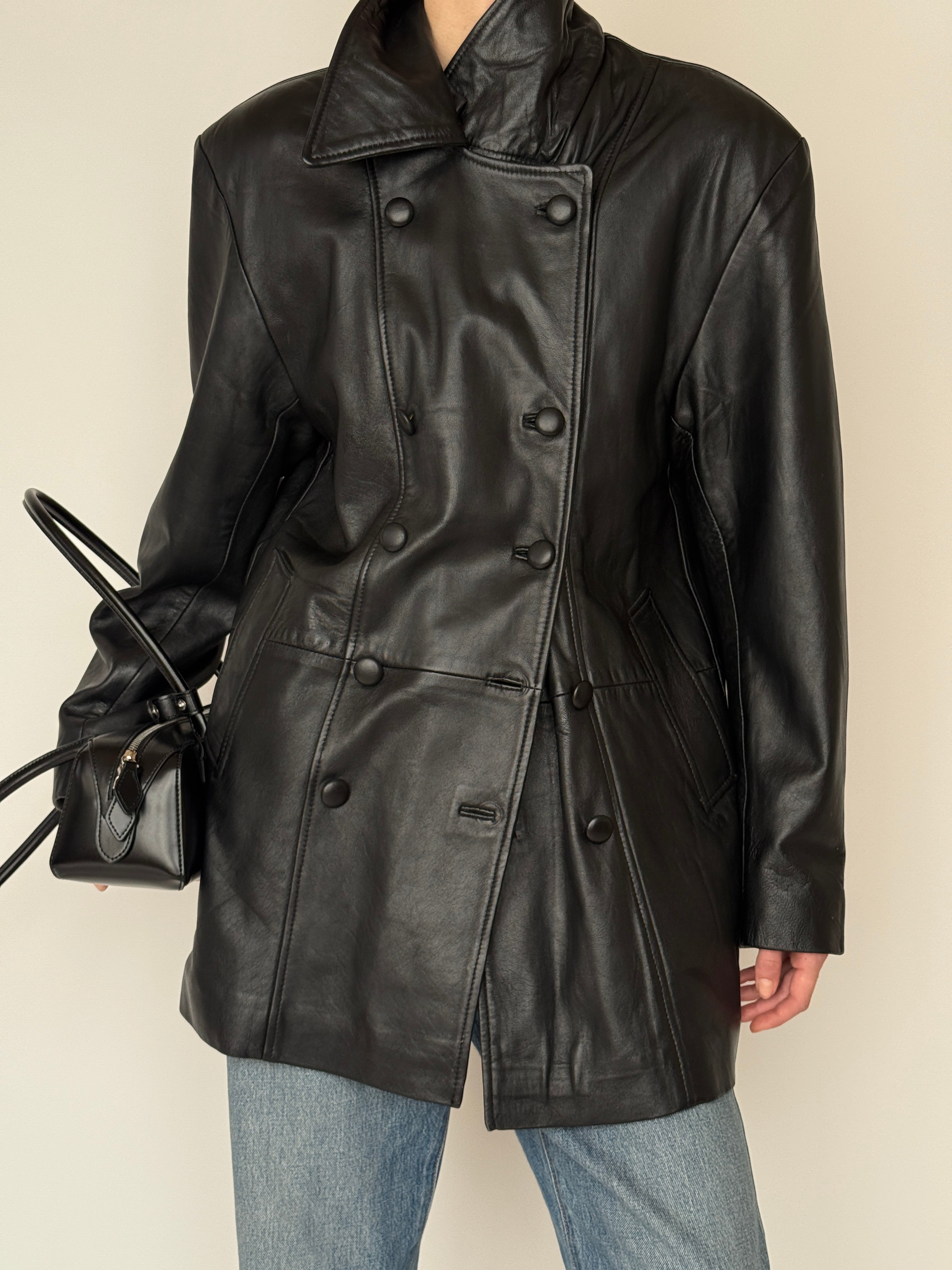 Vintage Double-Breasted Leather Jacket Black 5725