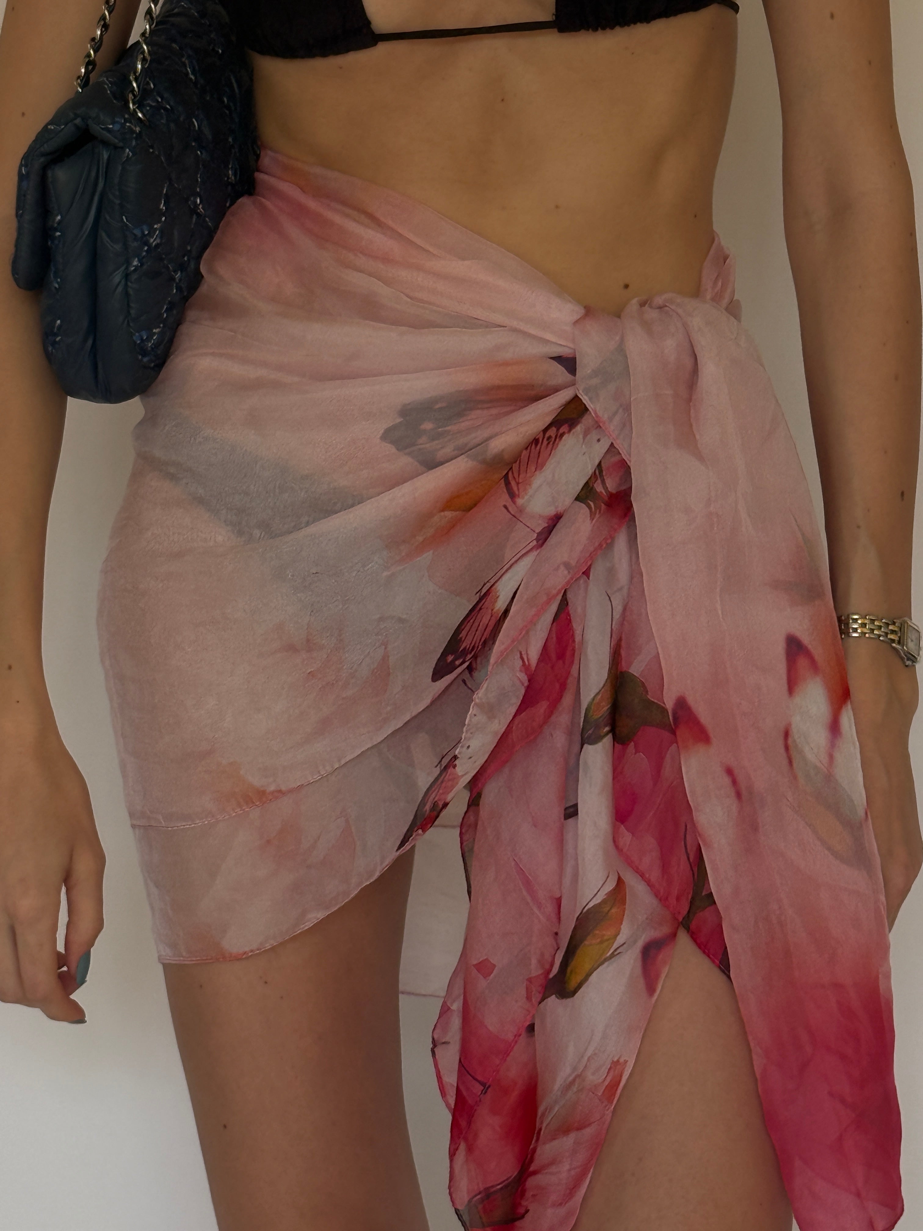 Vintage sheer pink floral butterfly swim sarong front view
