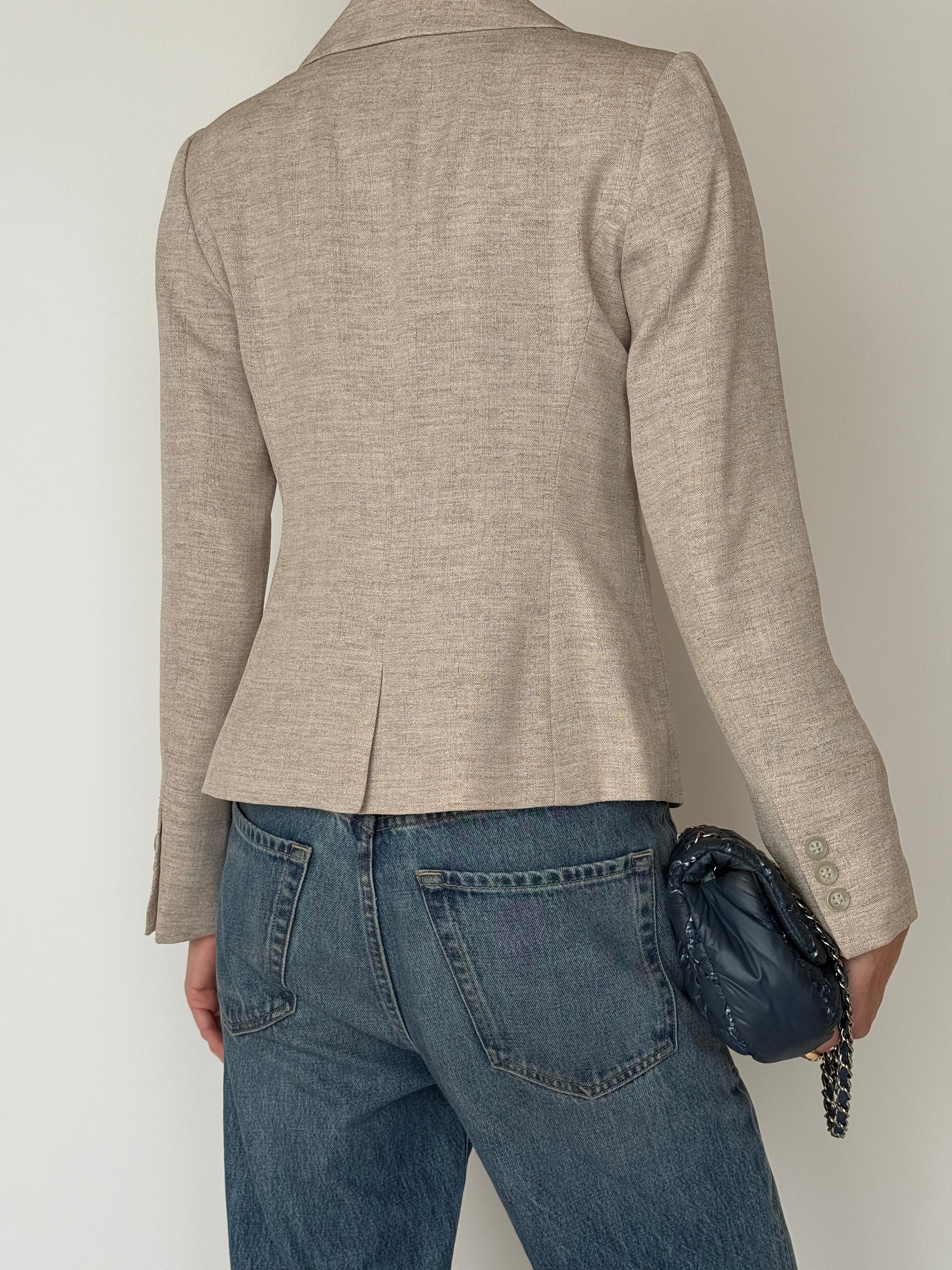Vintage beige textured single button blazer back view