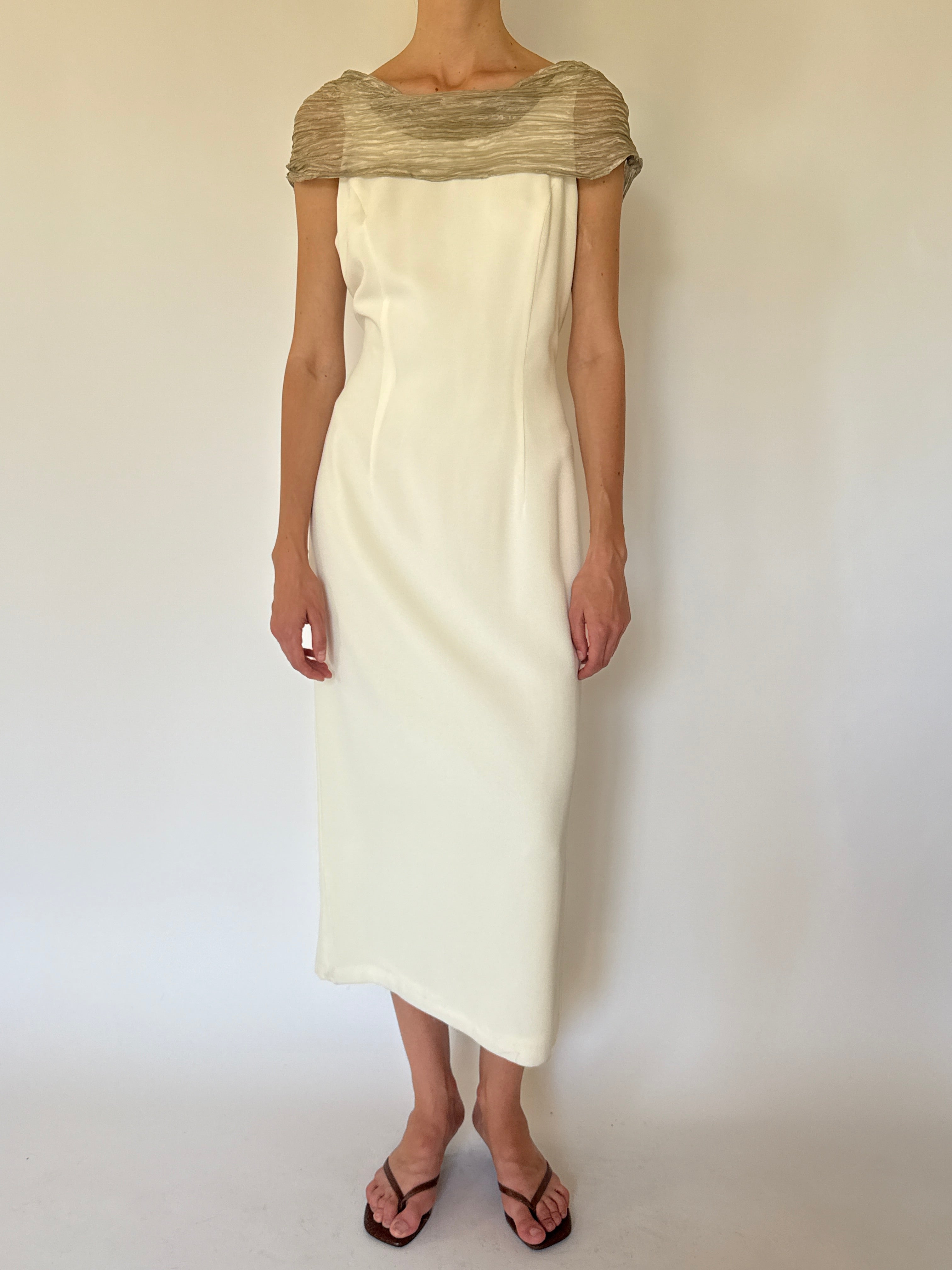 Vintage ivory off-the-shoulder midi dress front view