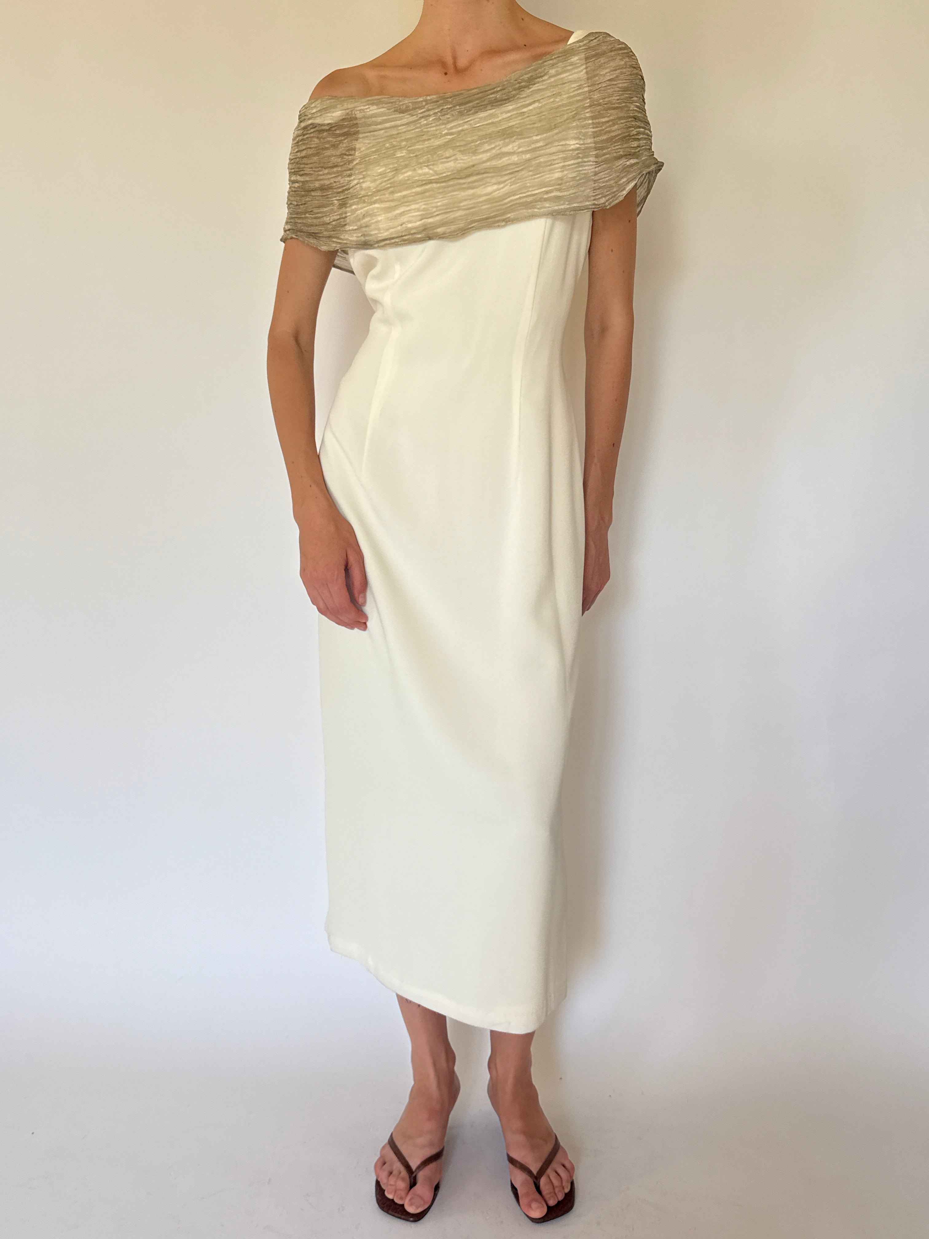 Vintage ivory off-the-shoulder midi dress front view