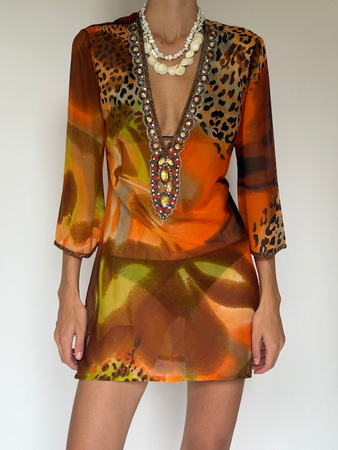 Vintage Embellished Swim Cover-Up in Sunset Leopard