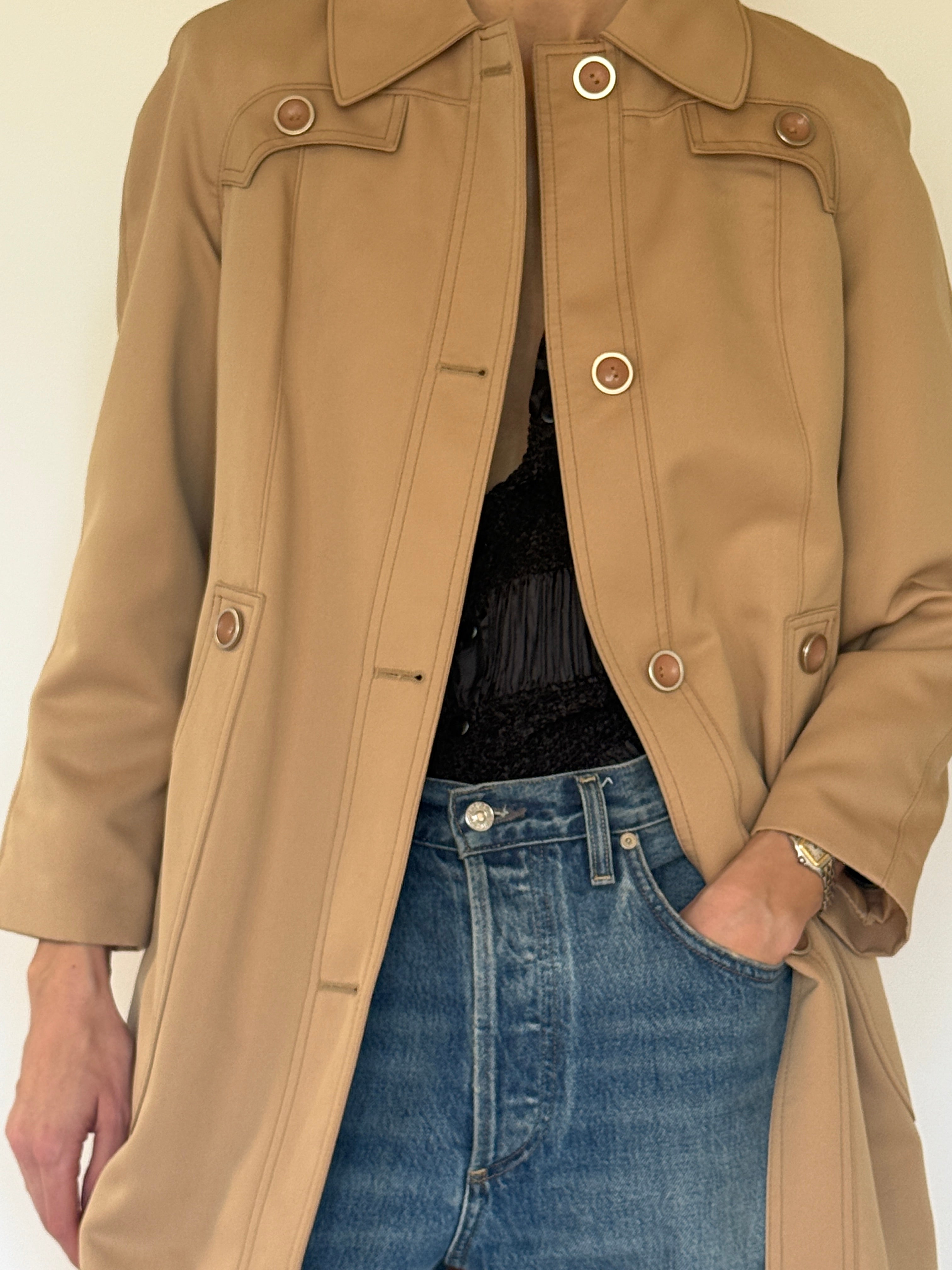 Vintage camel mid-length coat button detail
