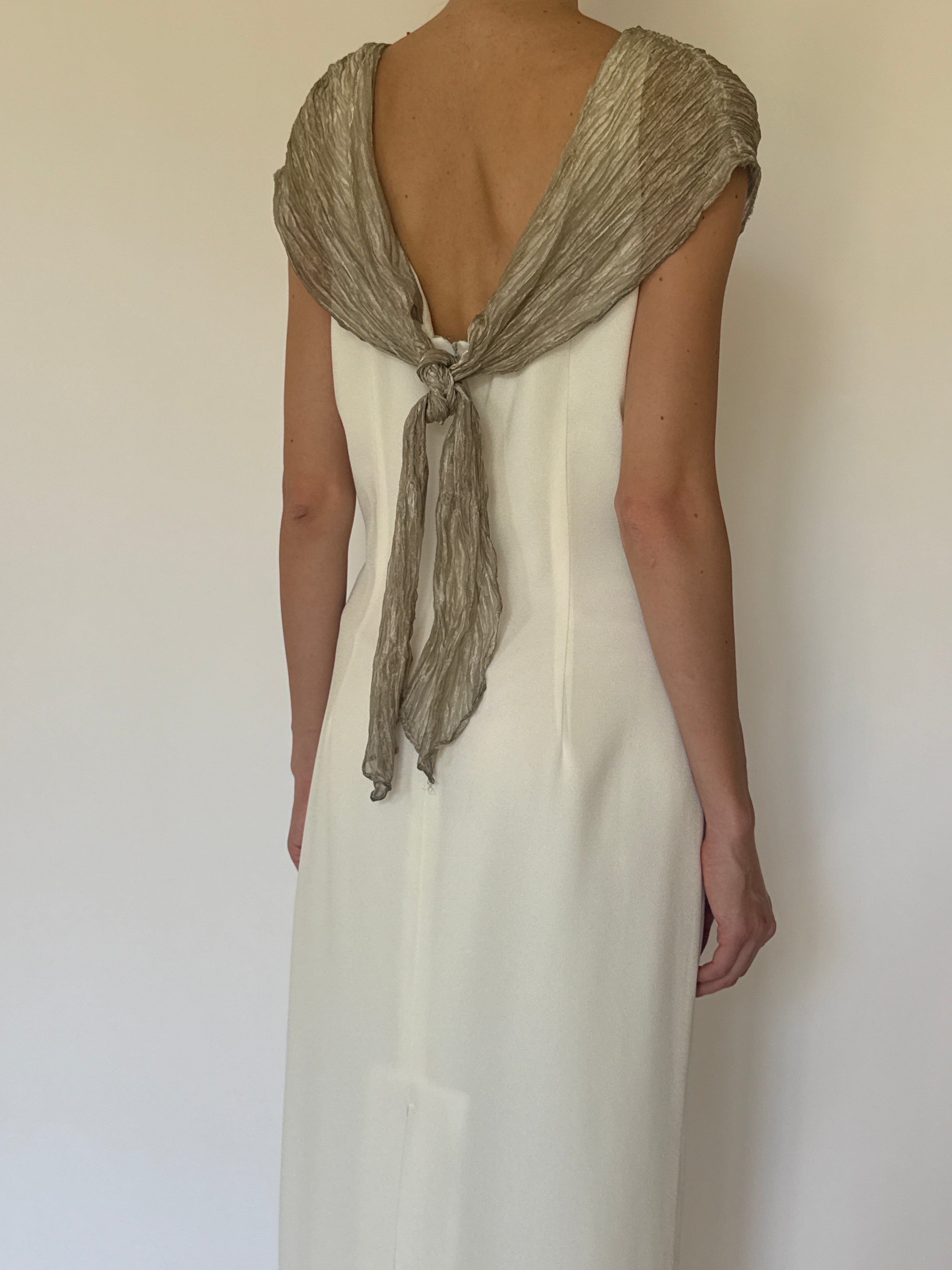 Vintage ivory midi dress back view with open tie detail