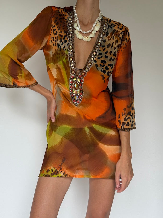 Vintage Embellished Swim Cover-Up in Sunset Leopard
