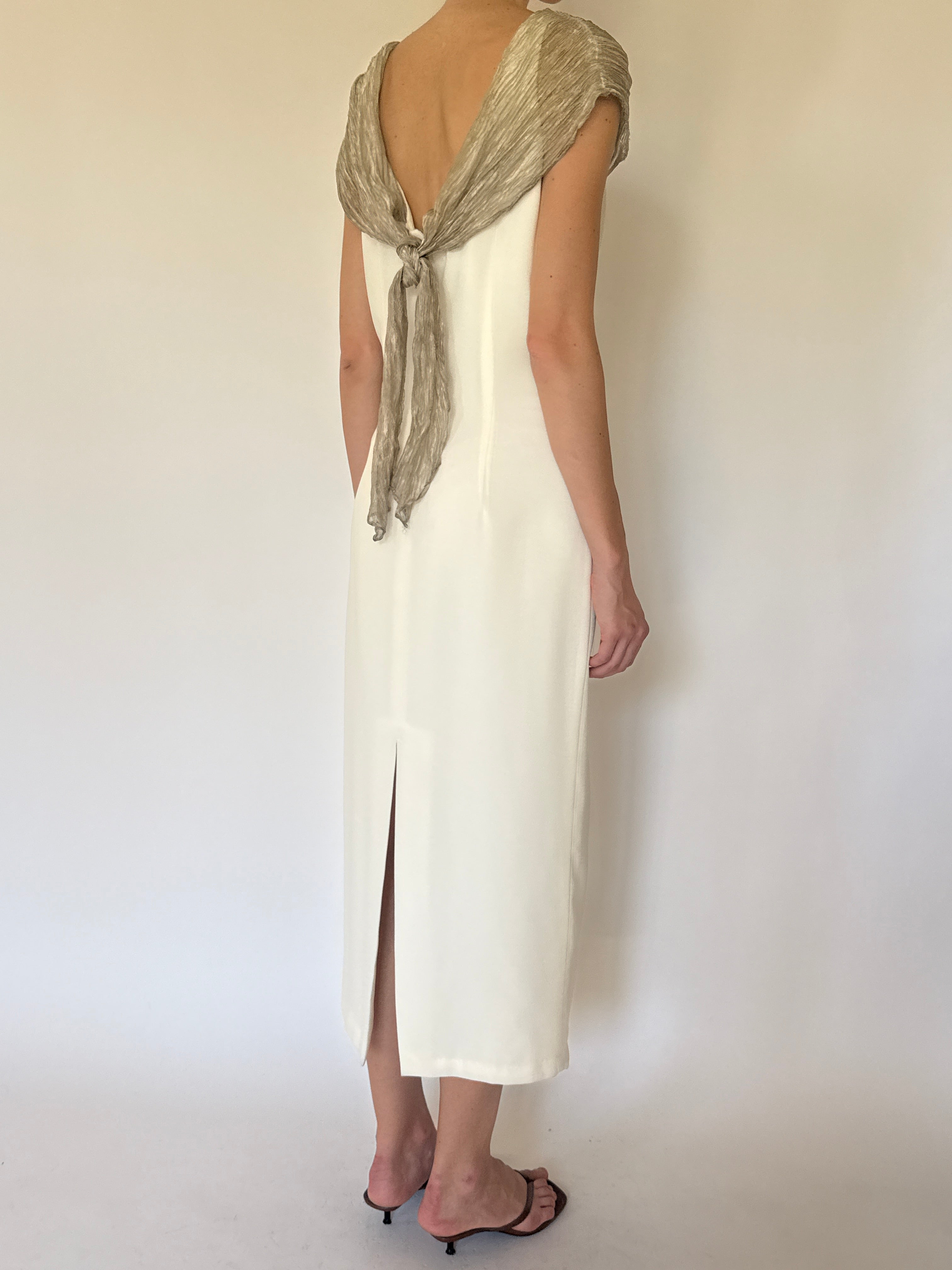 Vintage ivory midi dress back view with open tie detail