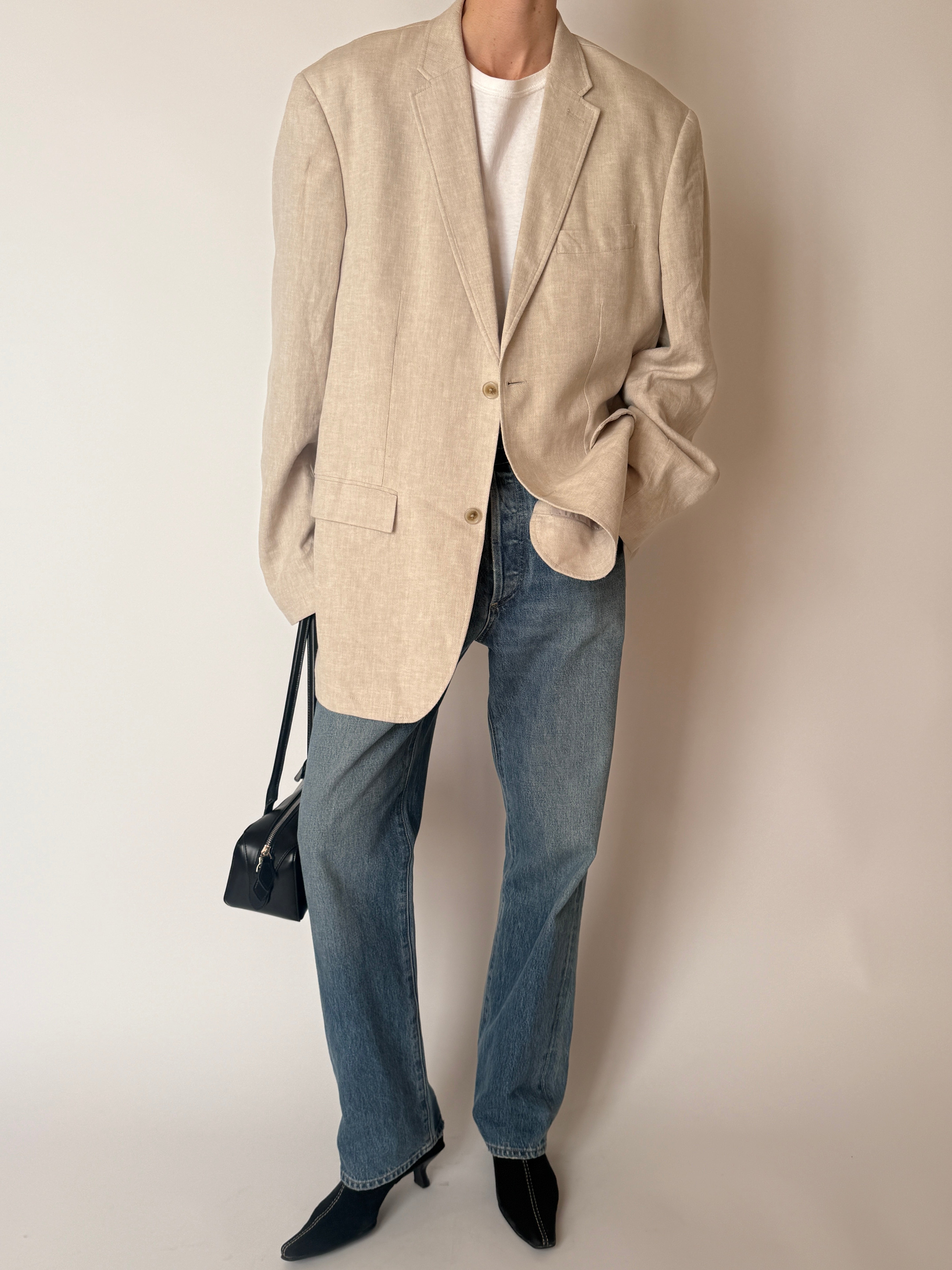 Vintage Linen & Cotton Oversized Blazer in Beige 6601