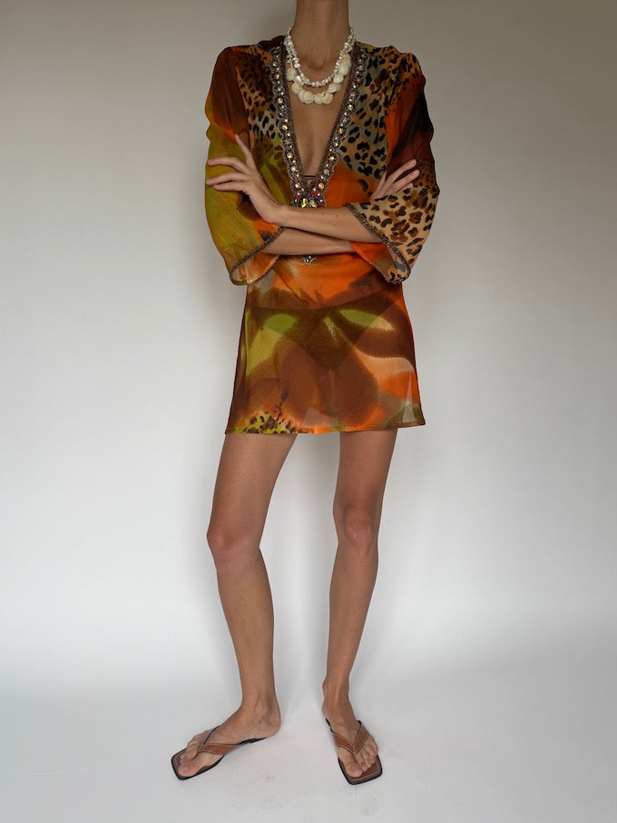 Vintage Embellished Swim Cover-Up in Sunset Leopard