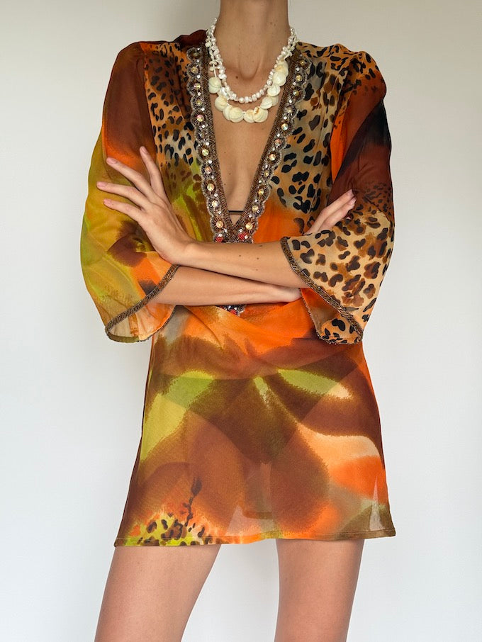 Vintage Embellished Swim Cover-Up in Sunset Leopard