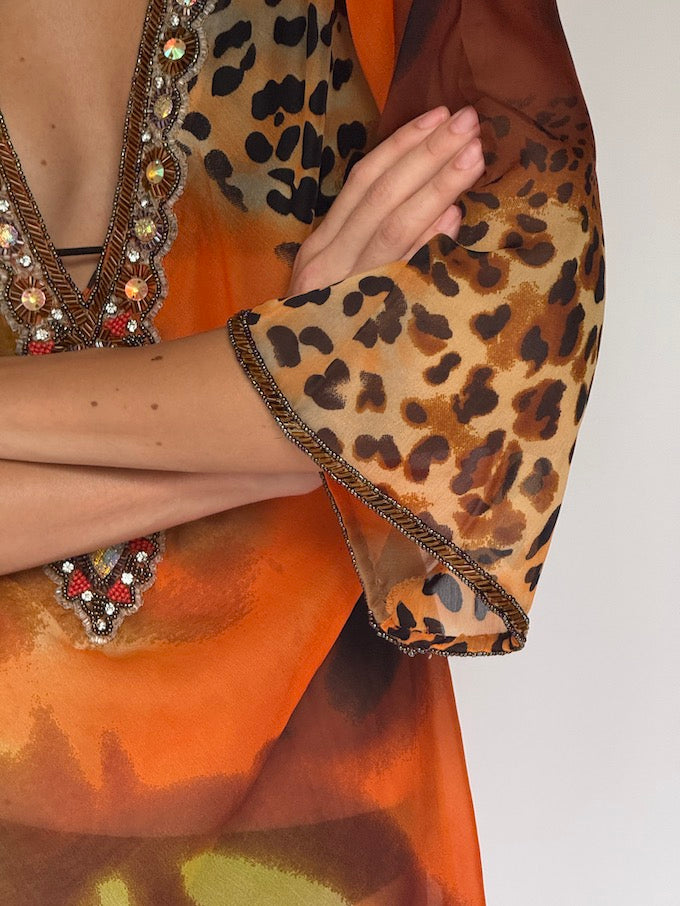 Vintage Embellished Swim Cover-Up in Sunset Leopard