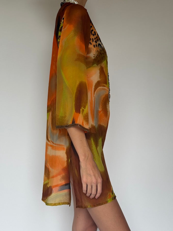 Vintage Embellished Swim Cover-Up in Sunset Leopard