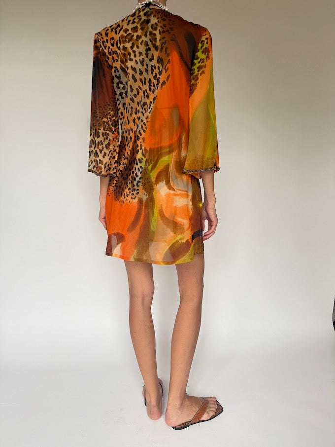 Vintage Embellished Swim Cover-Up in Sunset Leopard