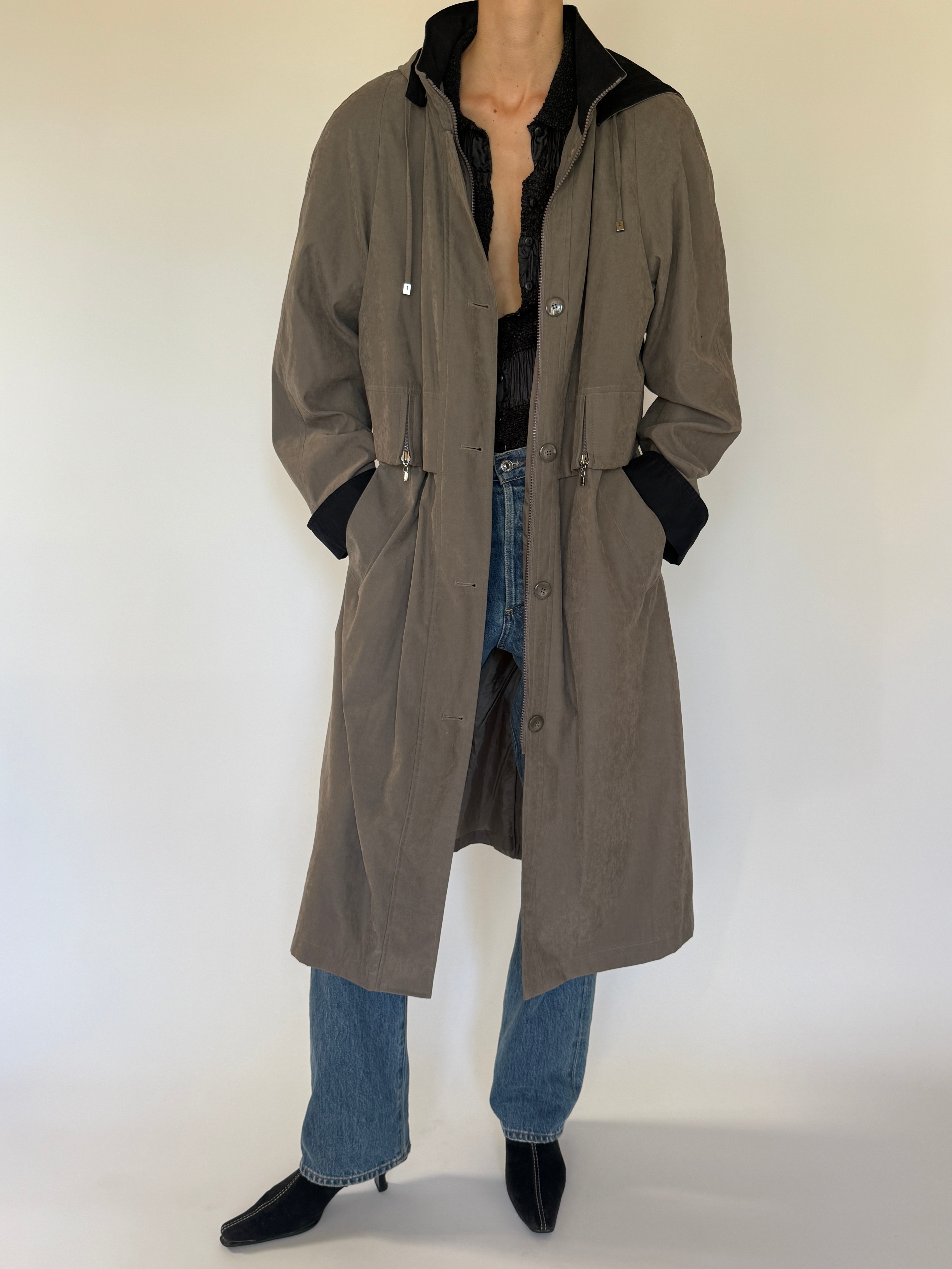 Vintage taupe hooded long coat front view