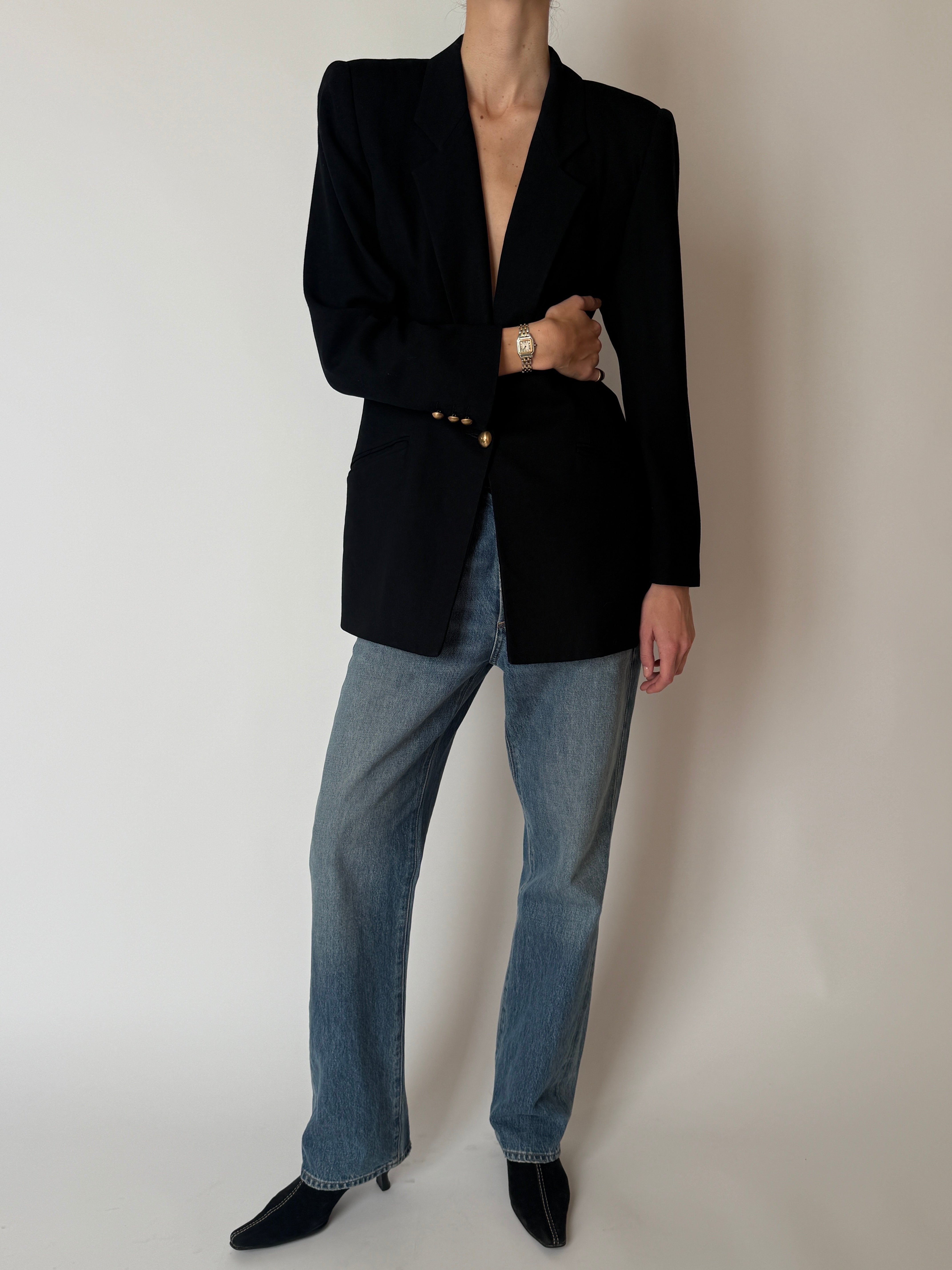 Vintage black wool blazer with gold buttons full body