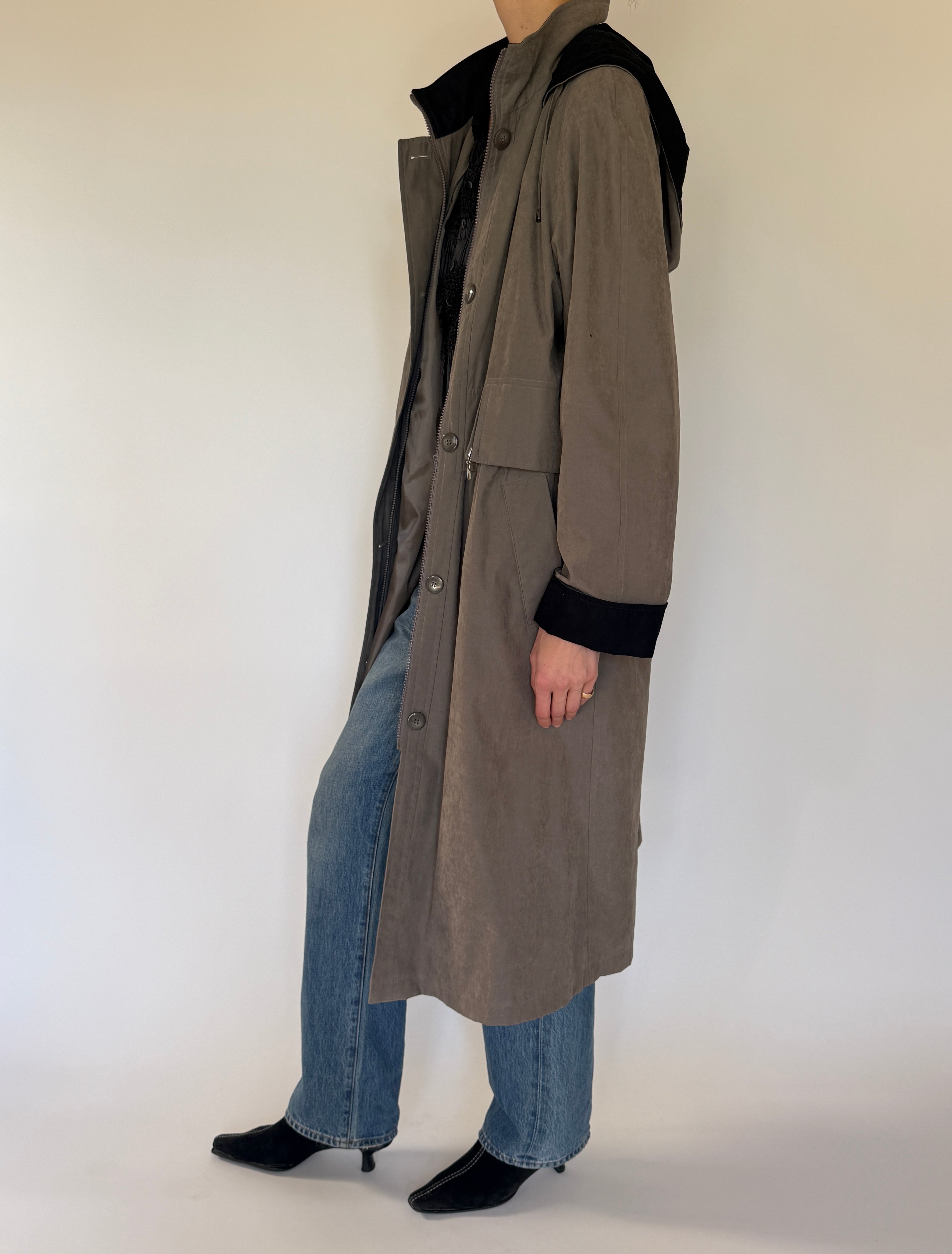 Vintage taupe hooded long coat side view