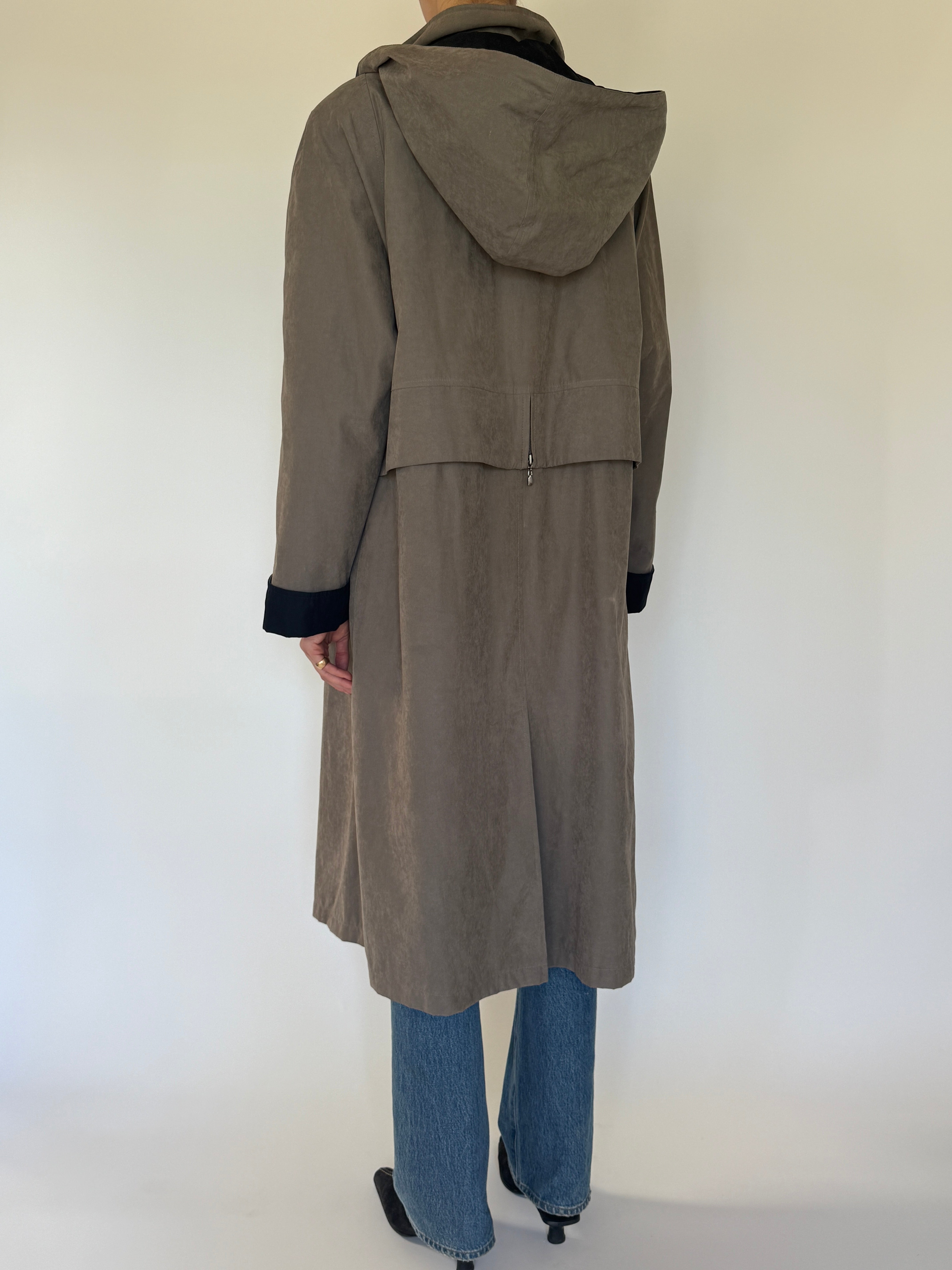 Vintage taupe hooded long coat back view