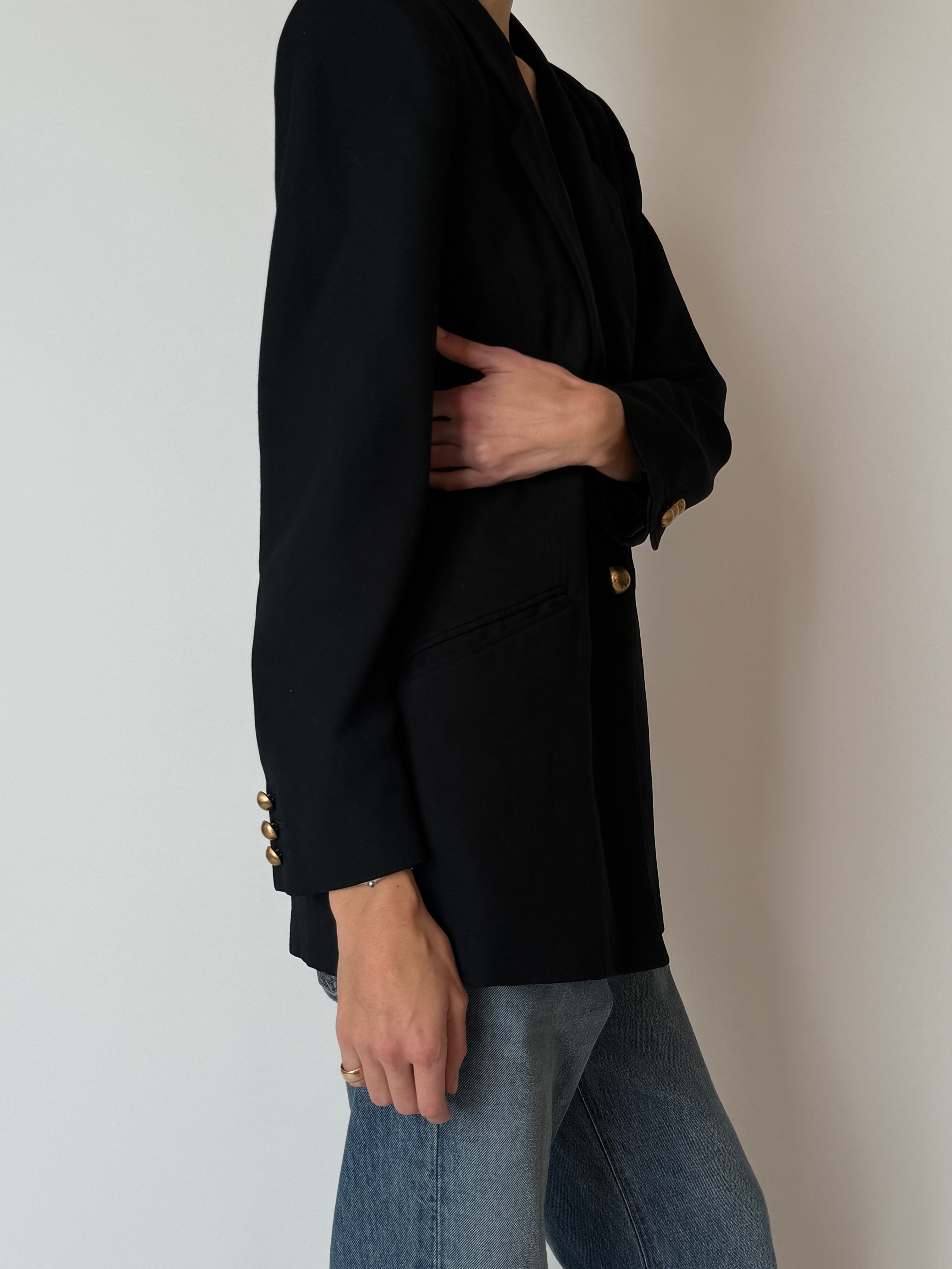 Vintage black wool blazer with gold buttons side view