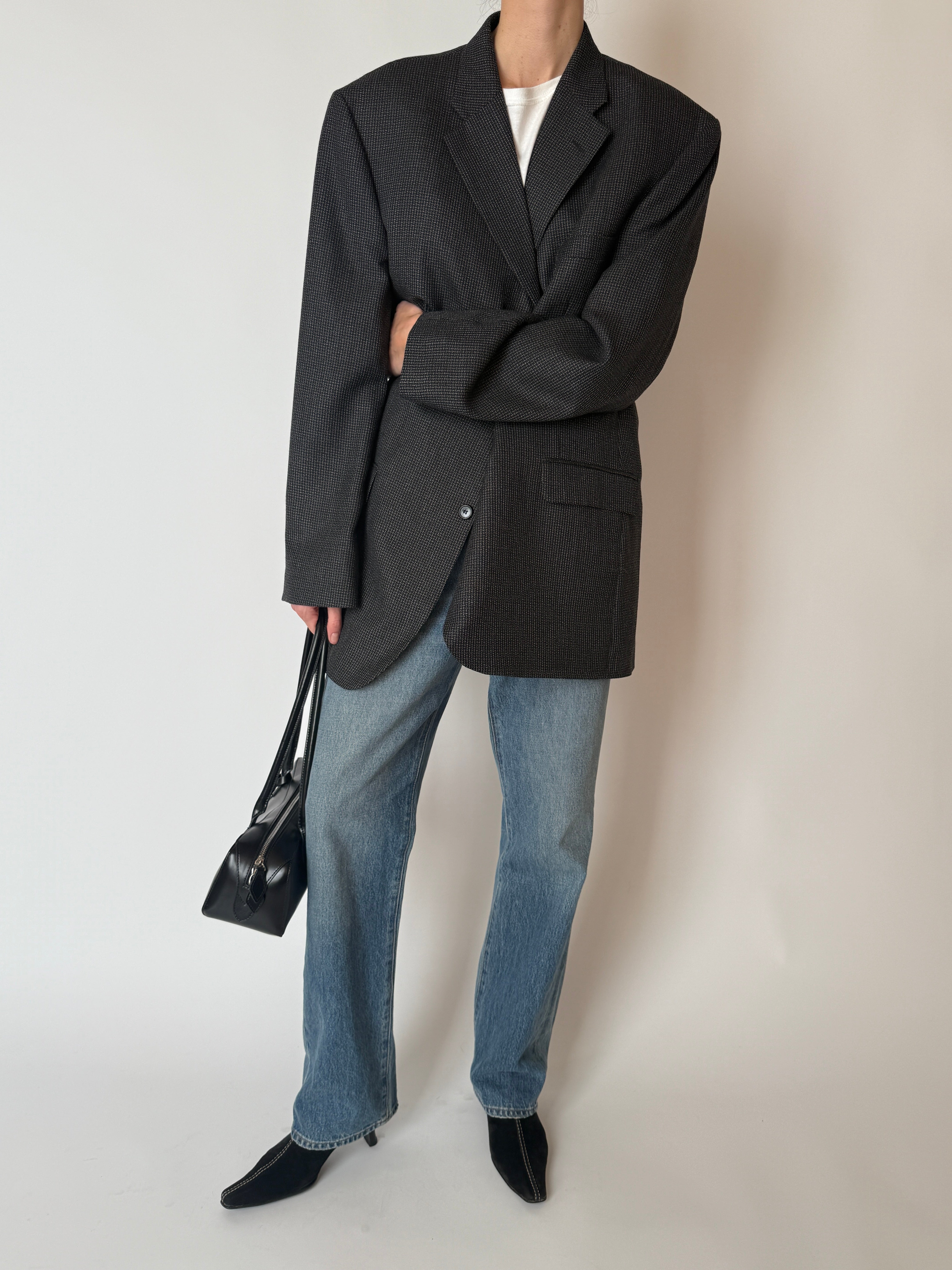 Vintage structured wool blend blazer charcoal full length
