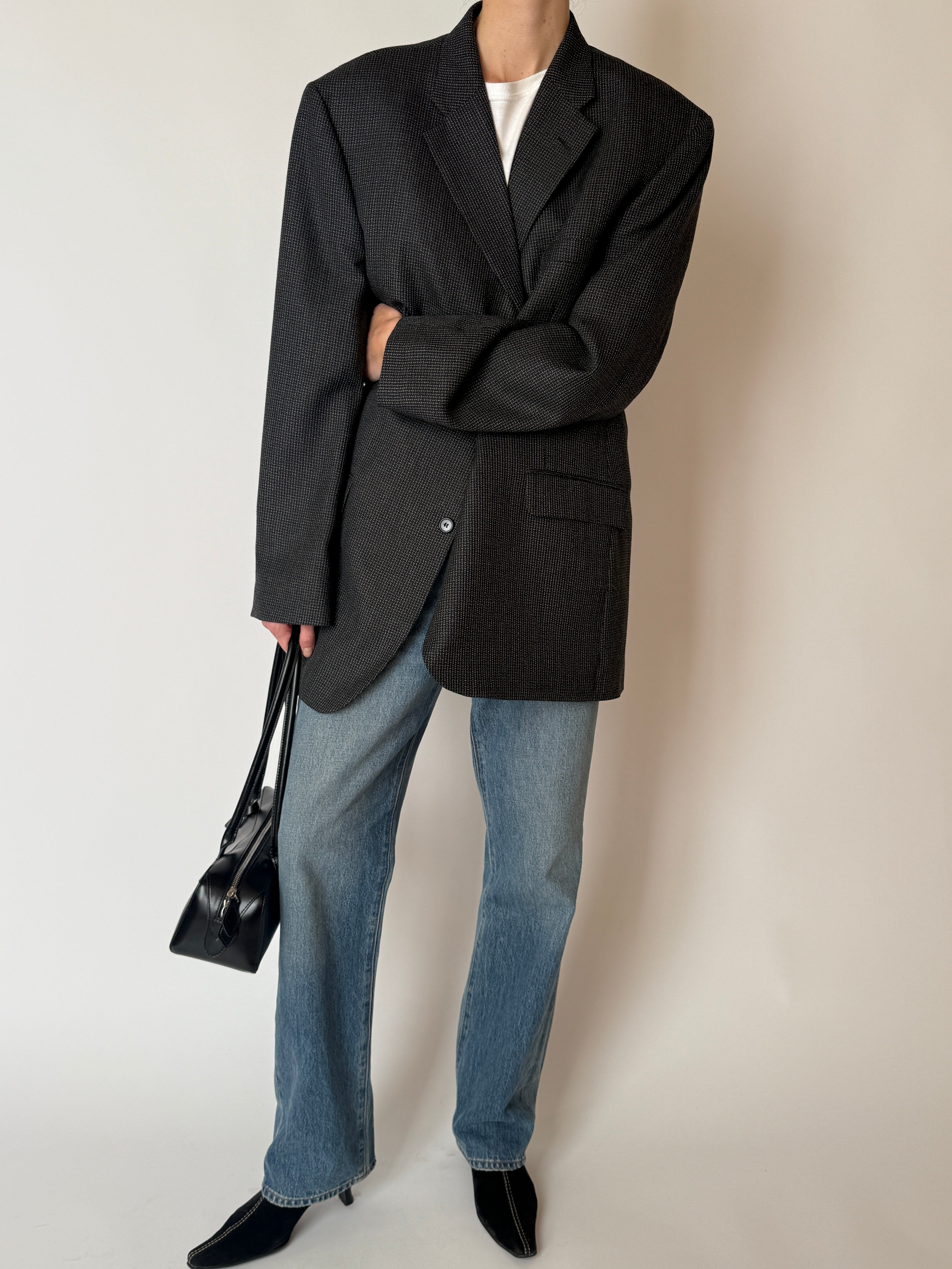 Vintage structured wool blend blazer charcoal full length