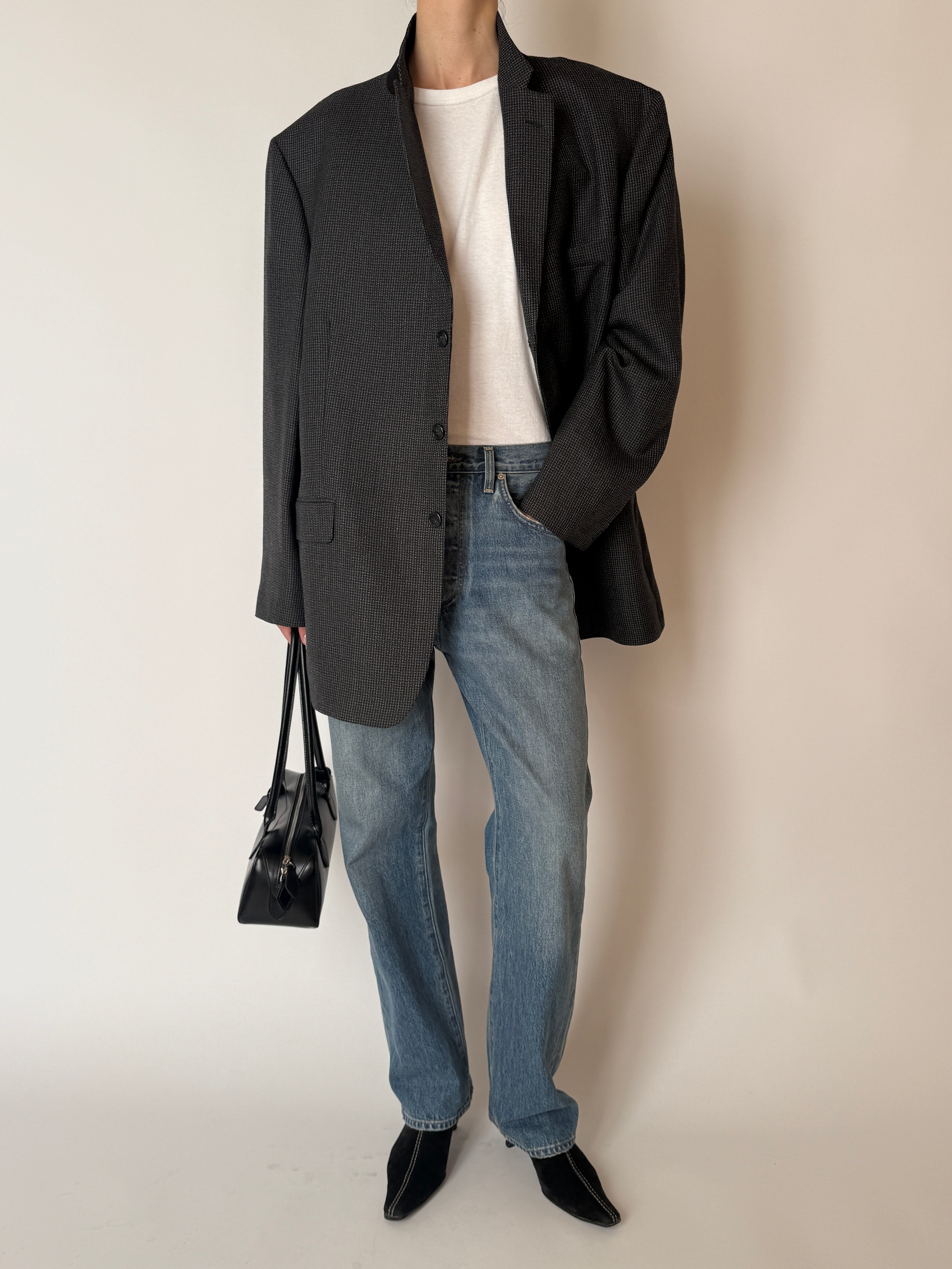 Vintage structured wool blend blazer charcoal full length