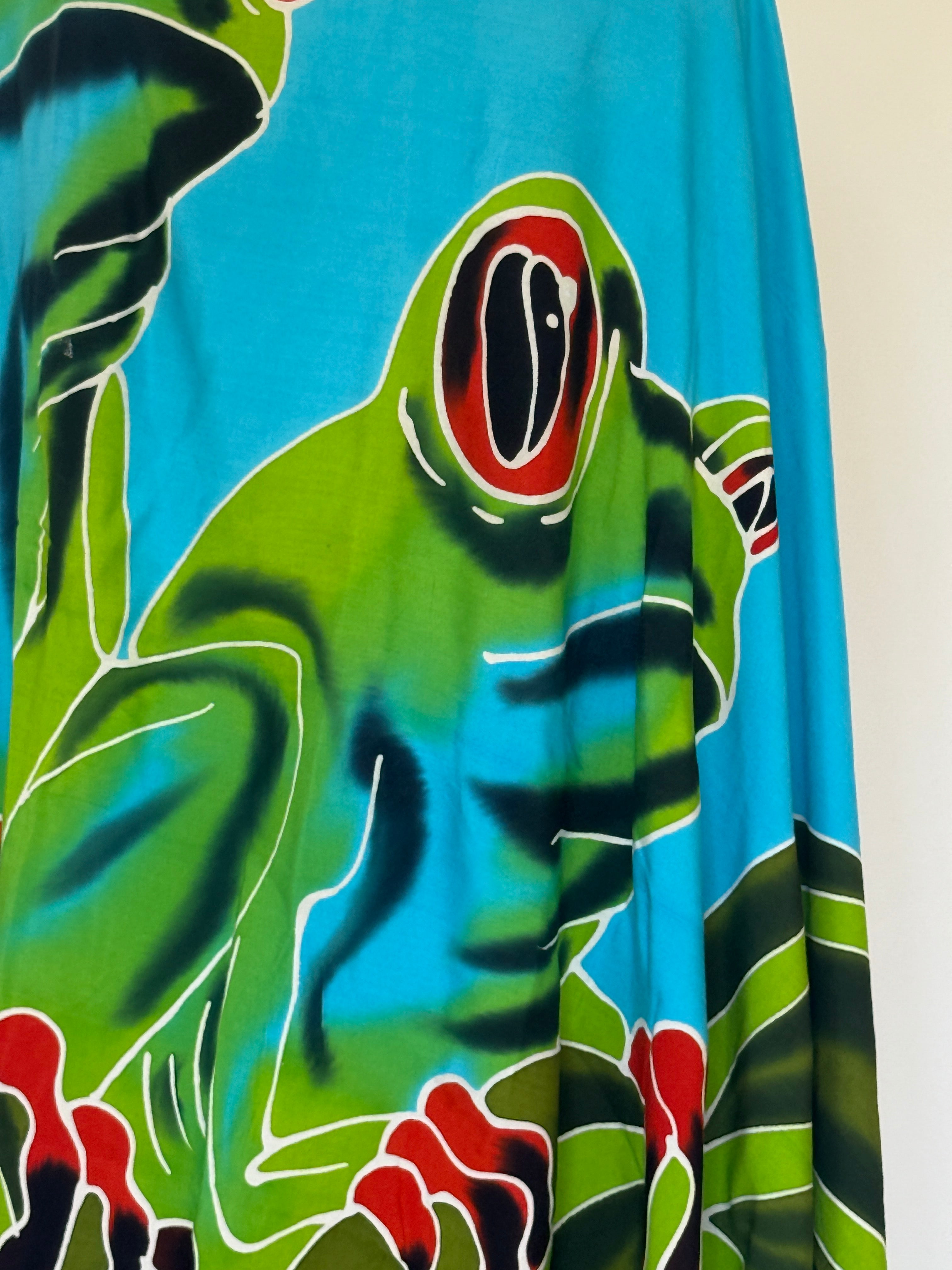 Vintage tropical frog print fabric close-up
