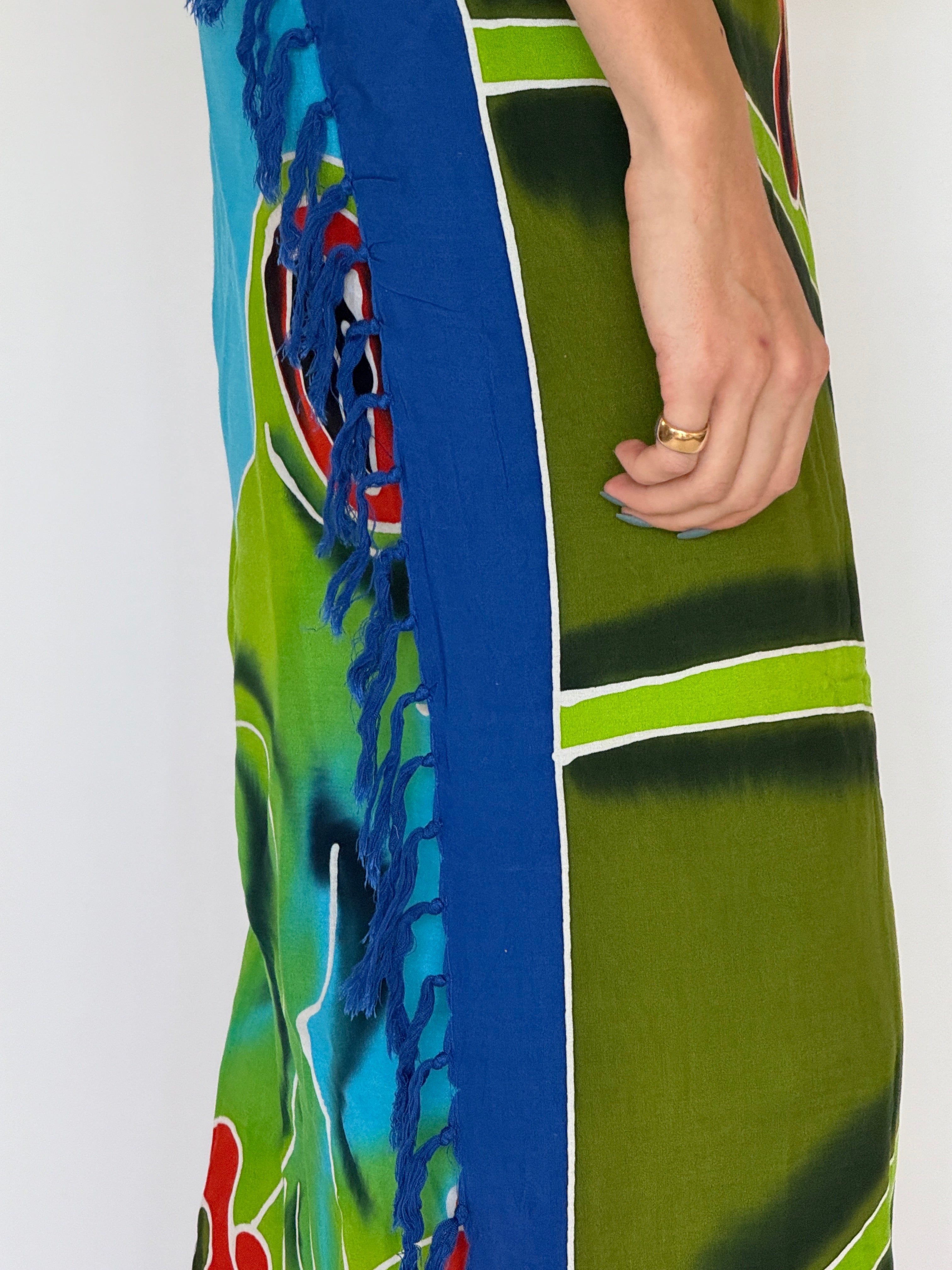 Vintage blue and green tropical print sarong side view