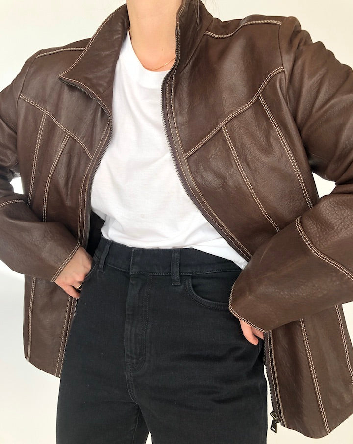 VINTAGE BROWN LEATHER JACKET WITH TOP STITCHING 289