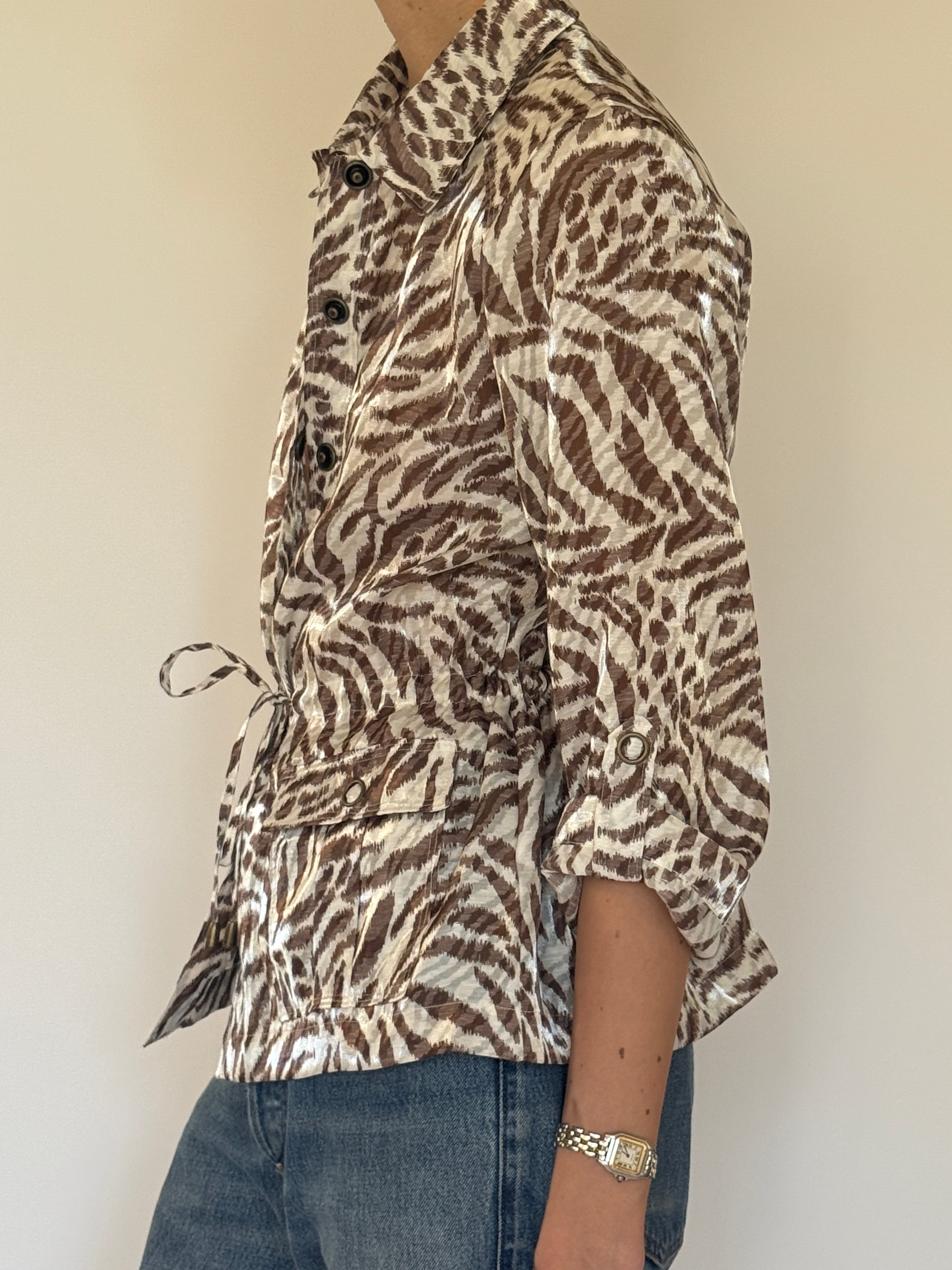 Vintage animal print belted blouse pocket detail