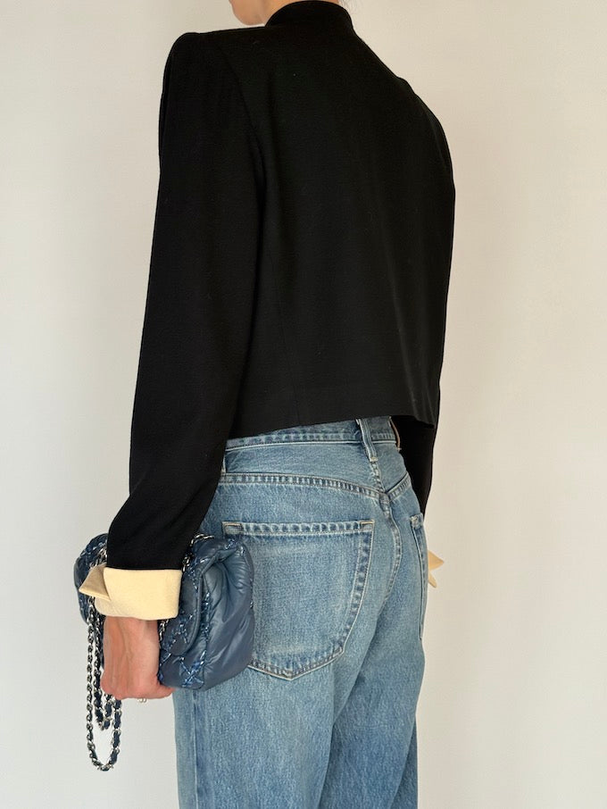 Vintage Cropped Contrast Blazer with Gold Buttons 6578