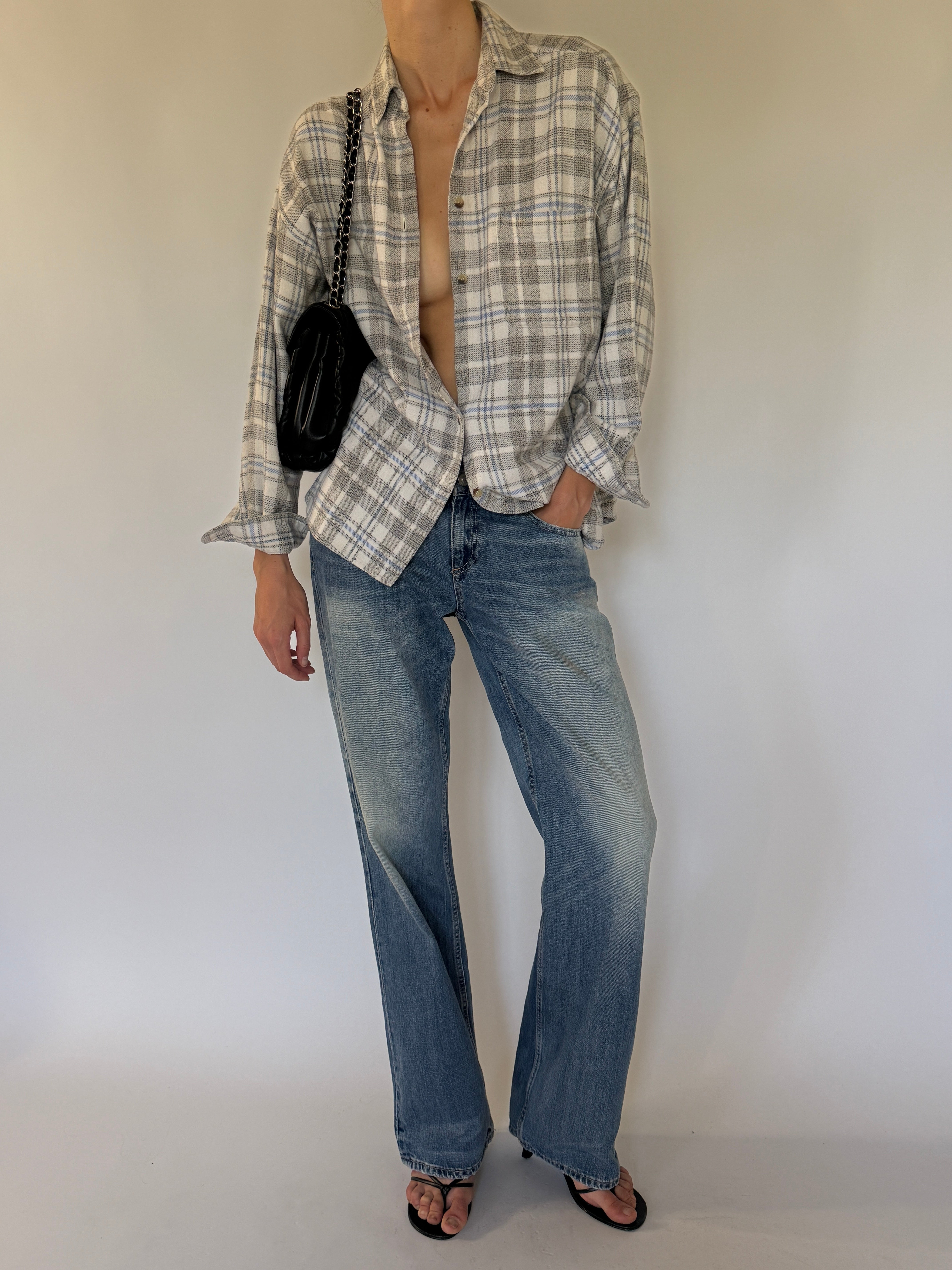 Vintage grey, ivory, and light blue plaid flannel shirt front view