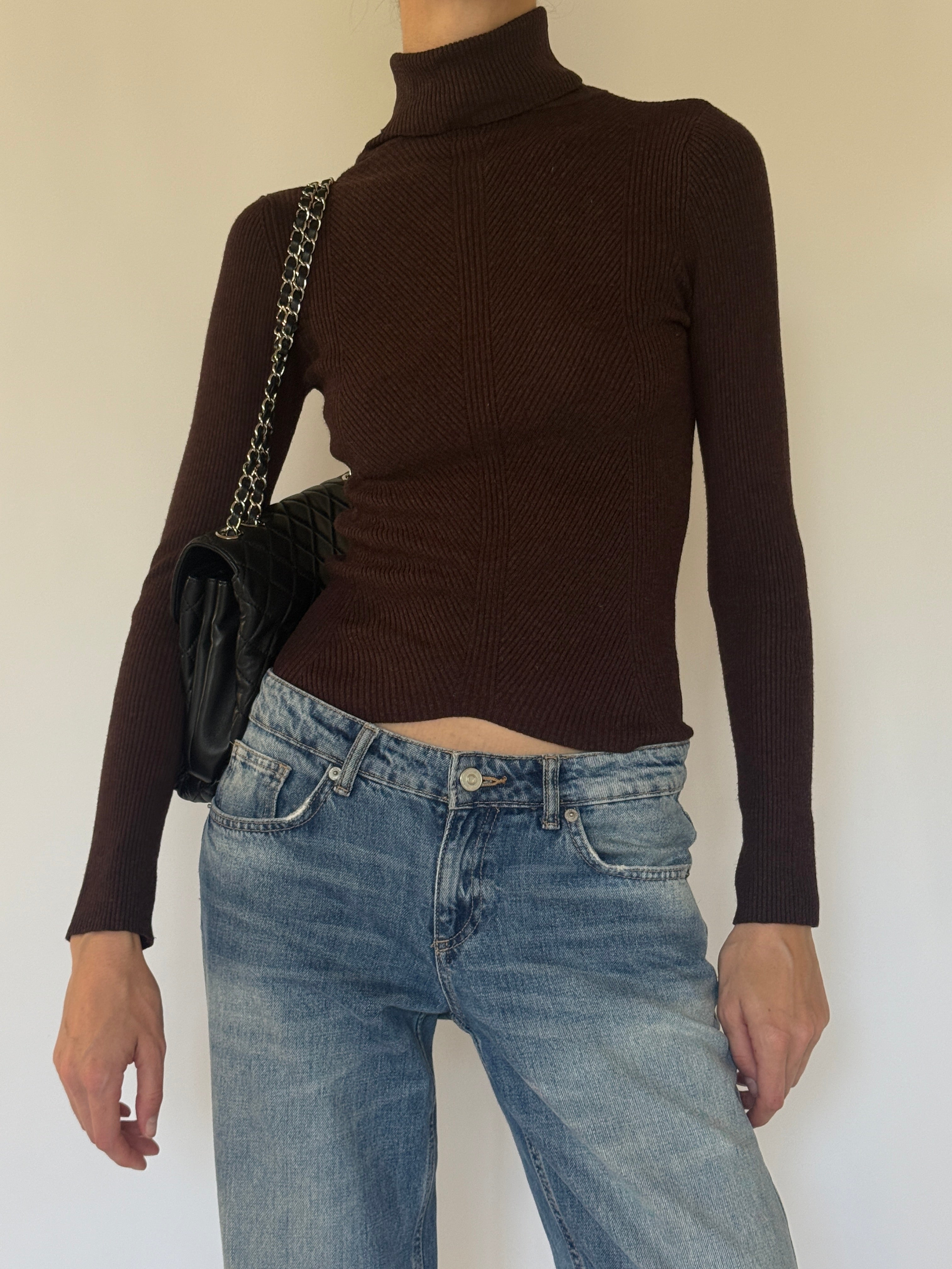 Vintage chocolate brown ribbed turtleneck sweater front view