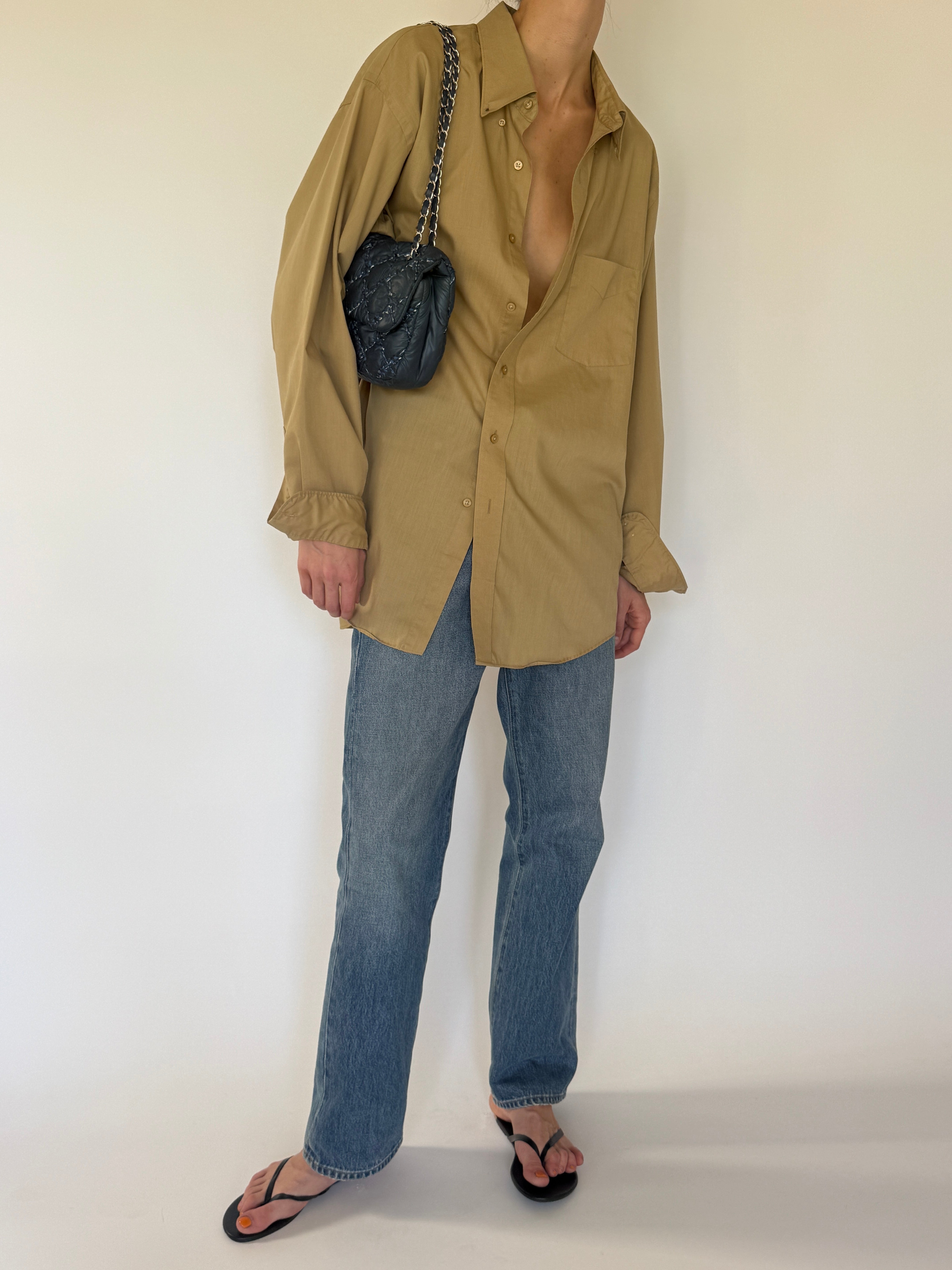 Vintage oversized button shirt camel side view