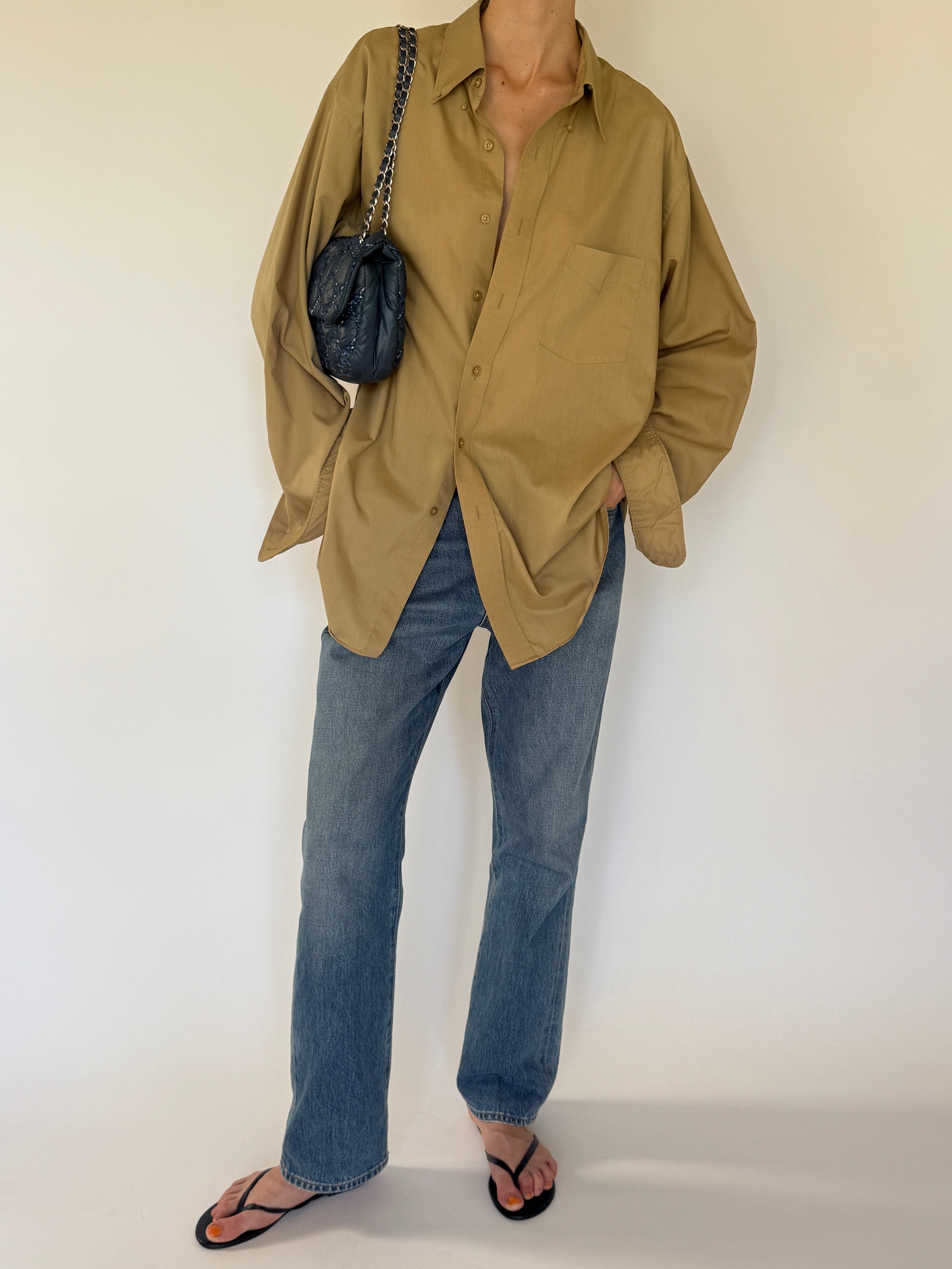 Vintage camel oversized cotton blend shirt front view
