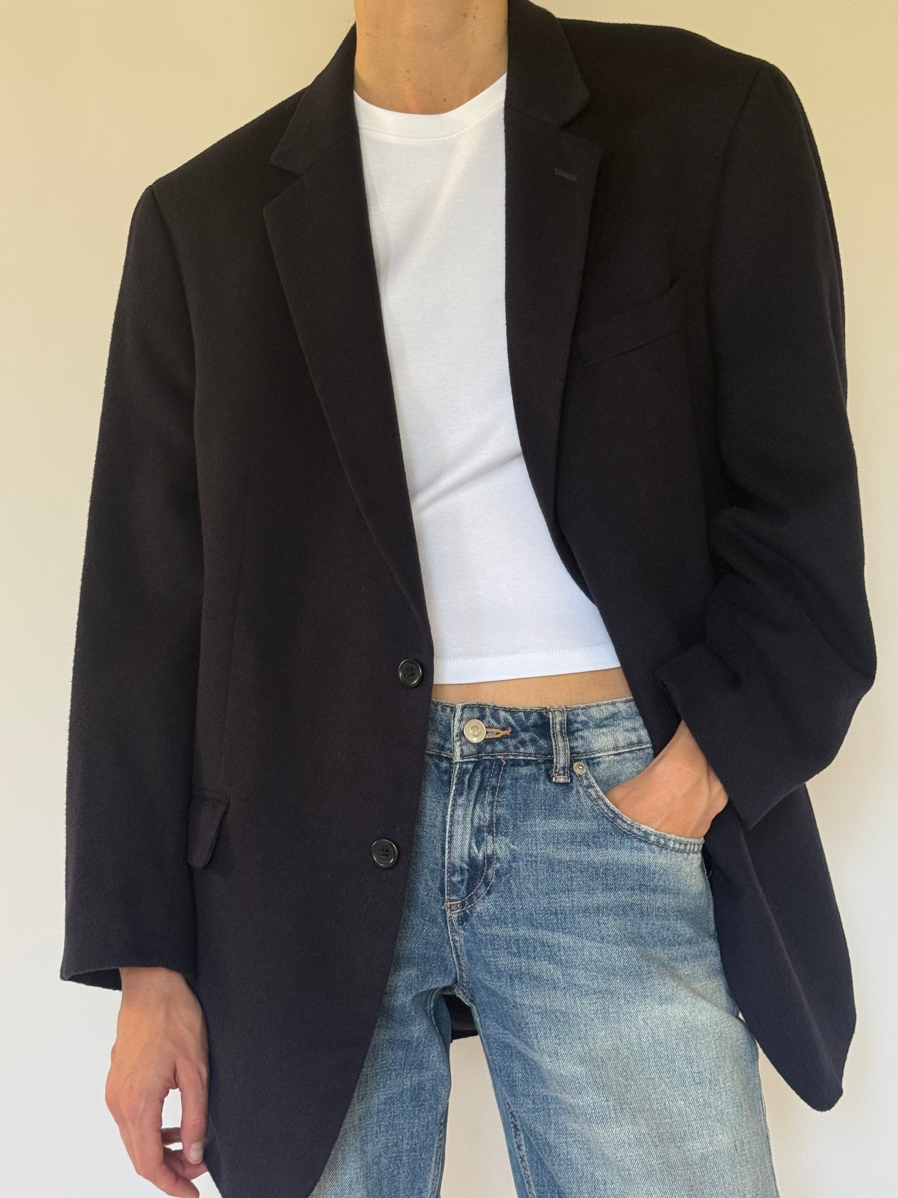 Vintage Michael Kors navy wool blend blazer front close-up.