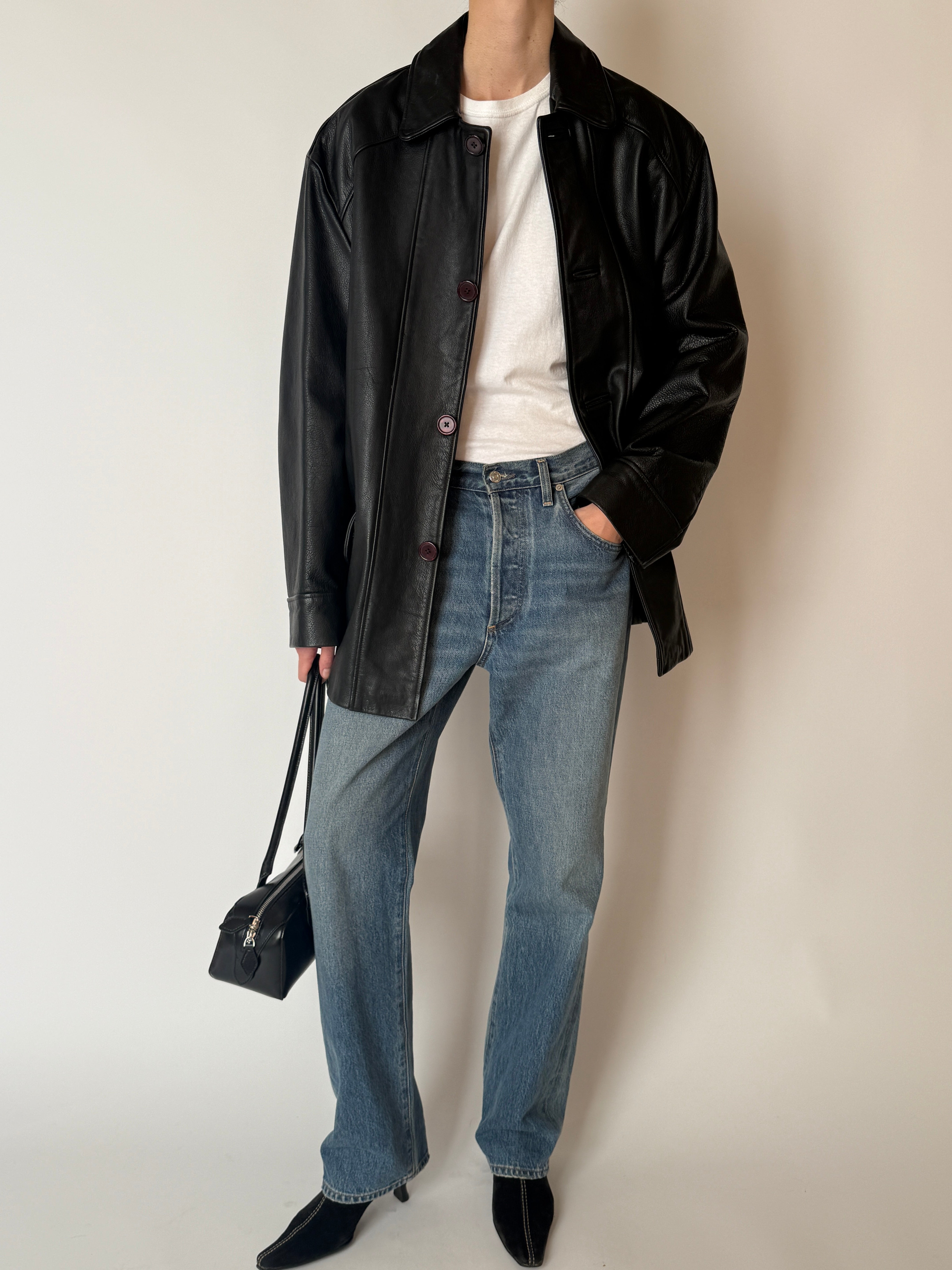 Vintage leather button-front jacket with relaxed fit black