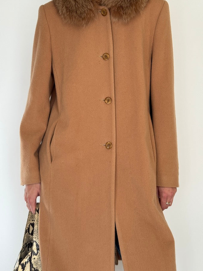 Vintage Camel Wool Coat With Fur Collar