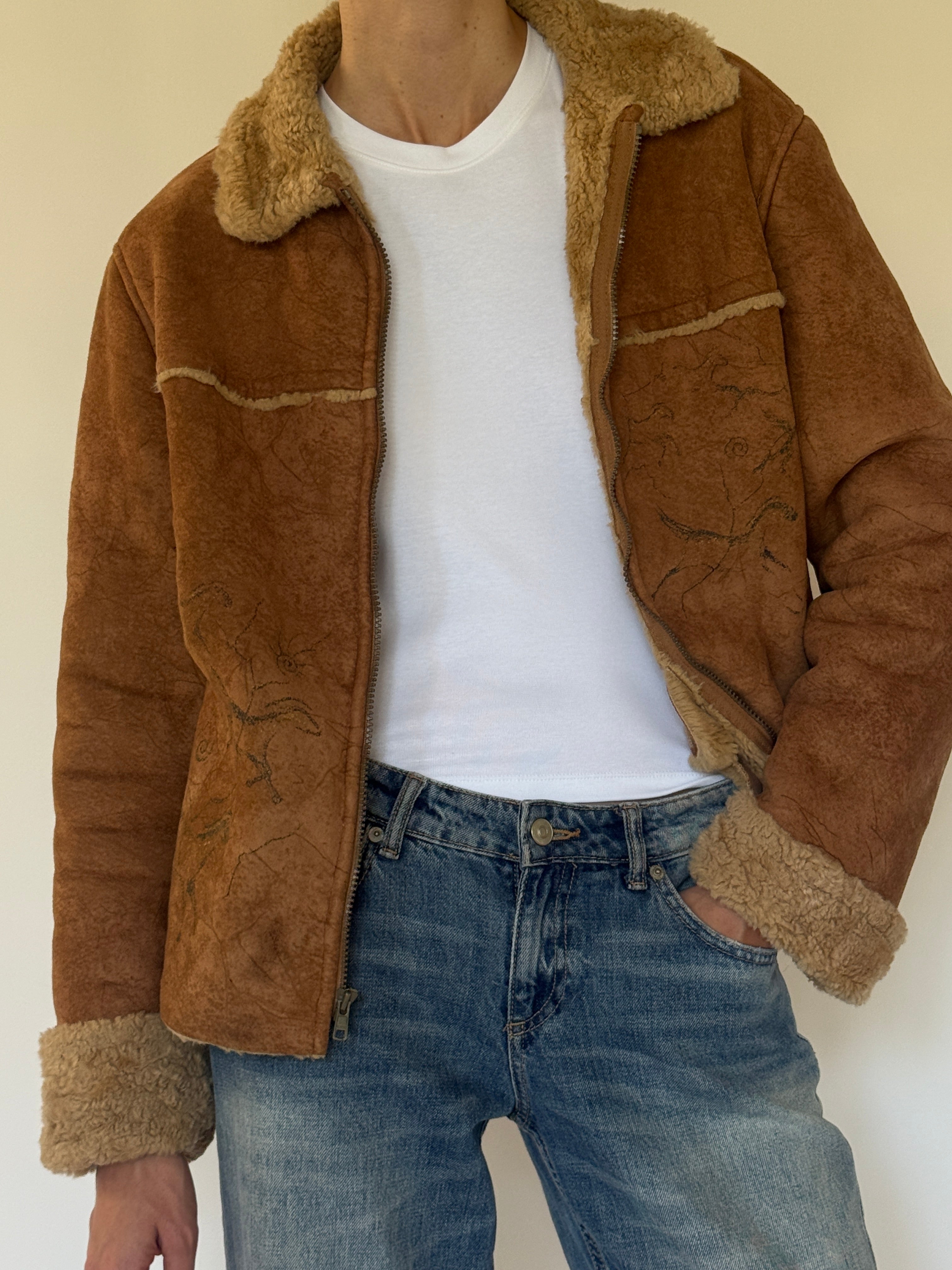 Vintage brown faux shearling jacket front view