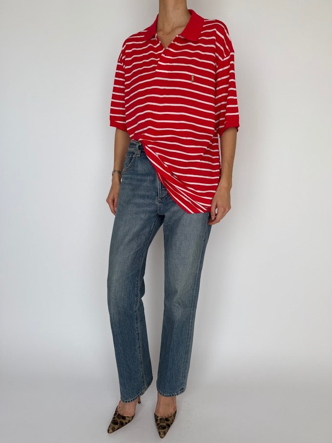 Vintage Striped Ralph Lauren Polo Shirt Red 5929
