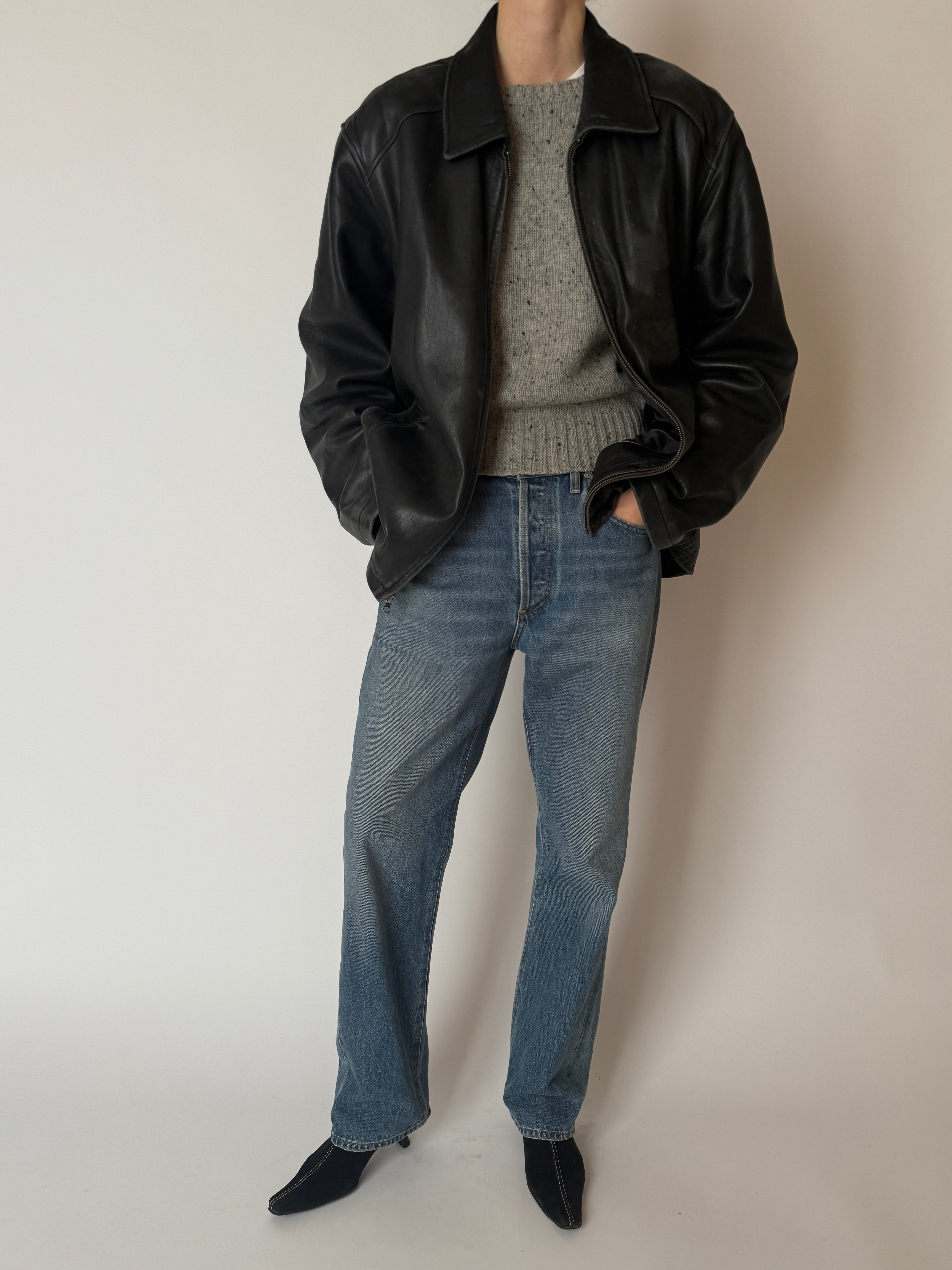 Vintage black soft leather zip jacket with classic collar