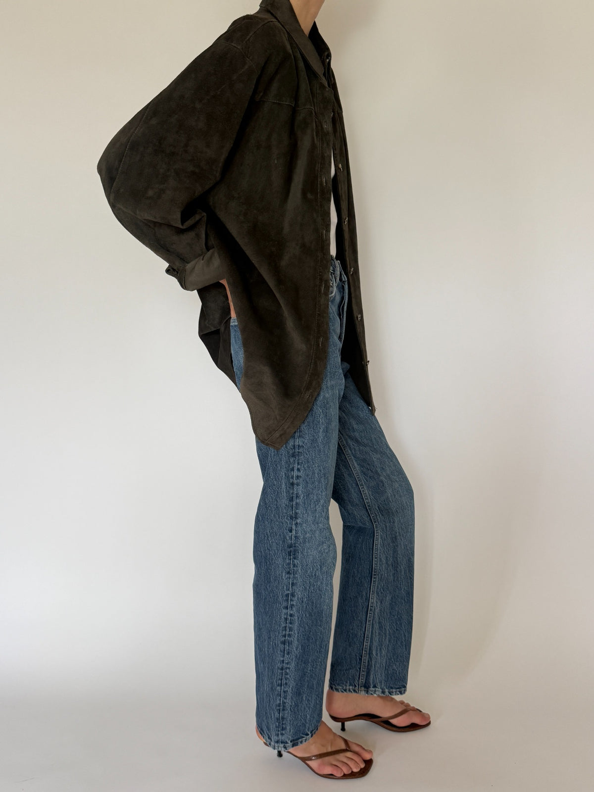 Vintage suede leather overshirt dark forest green side view