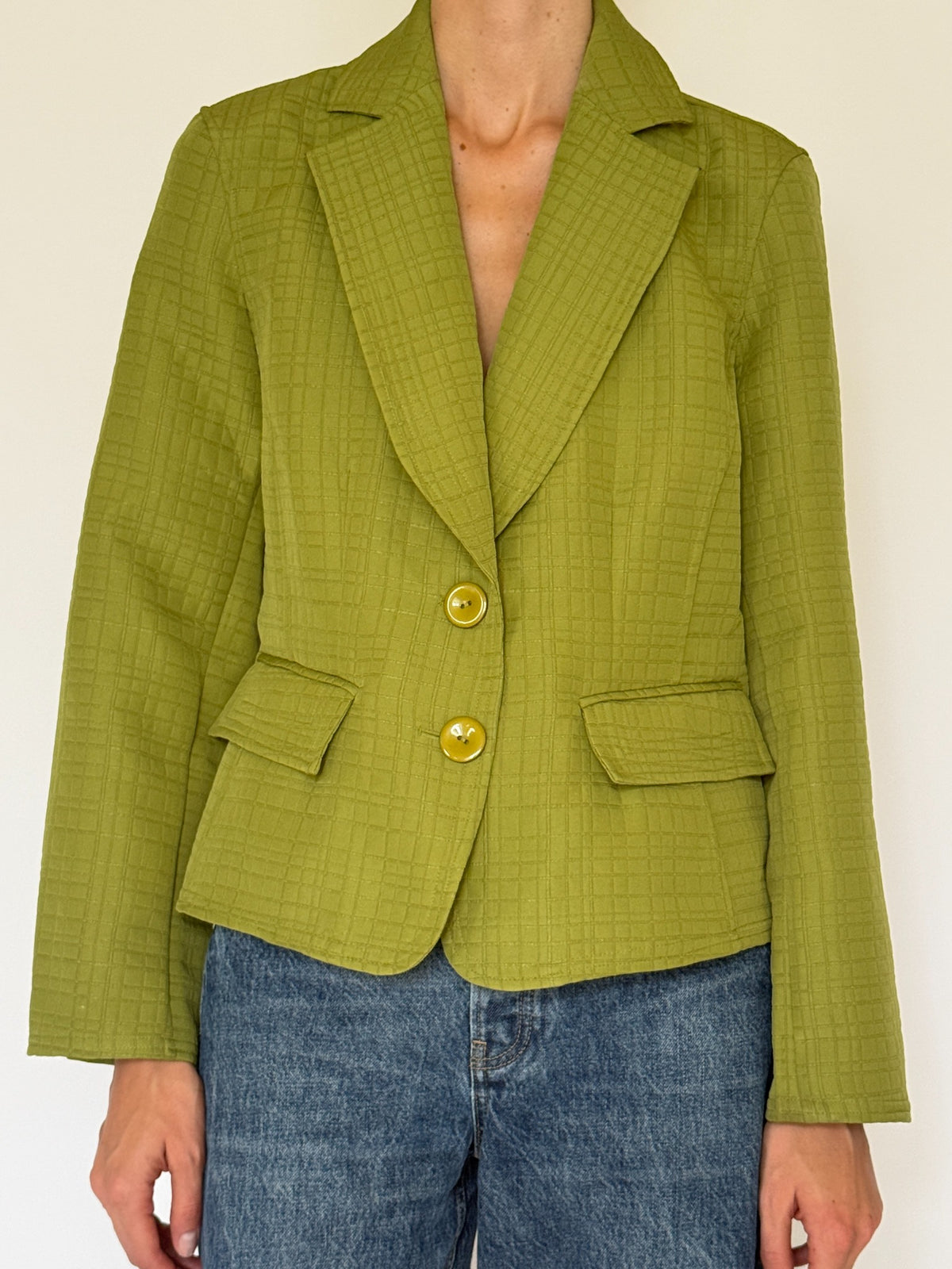 Vintage chartreuse textured blazer front detail