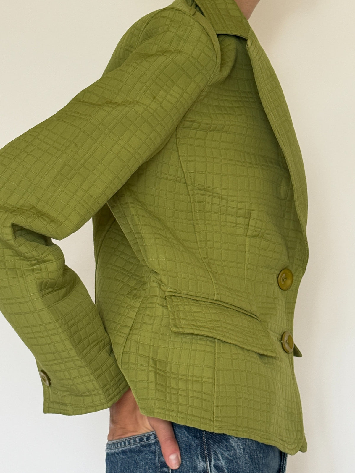 Vintage chartreuse textured blazer side construction detail