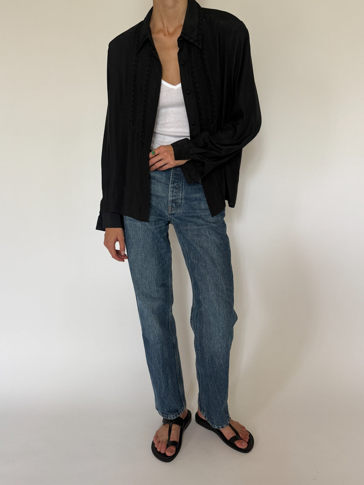 Full front view black western-inspired blouse